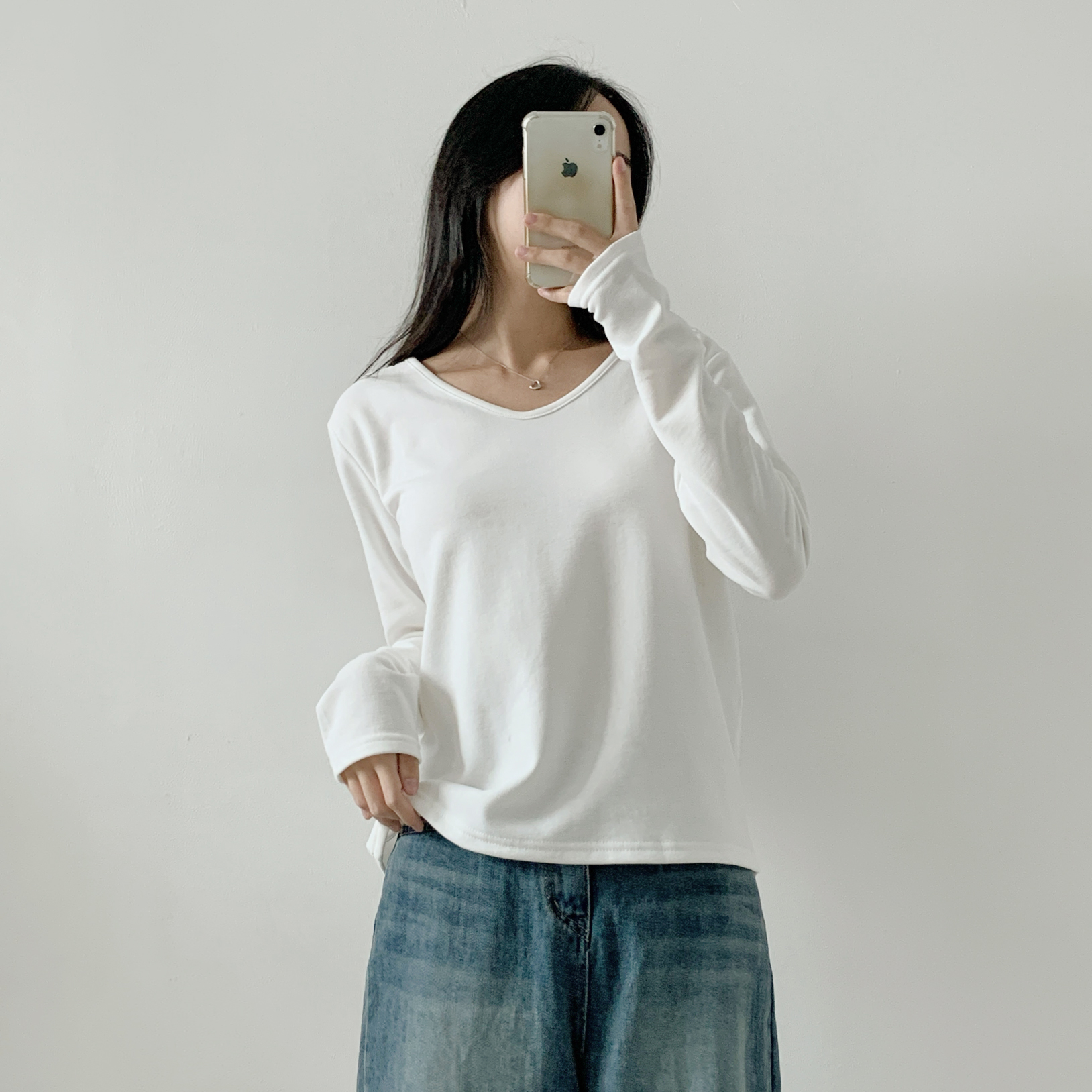 裏起毛Vネック長袖無地カラーTシャツ | 詳細画像2