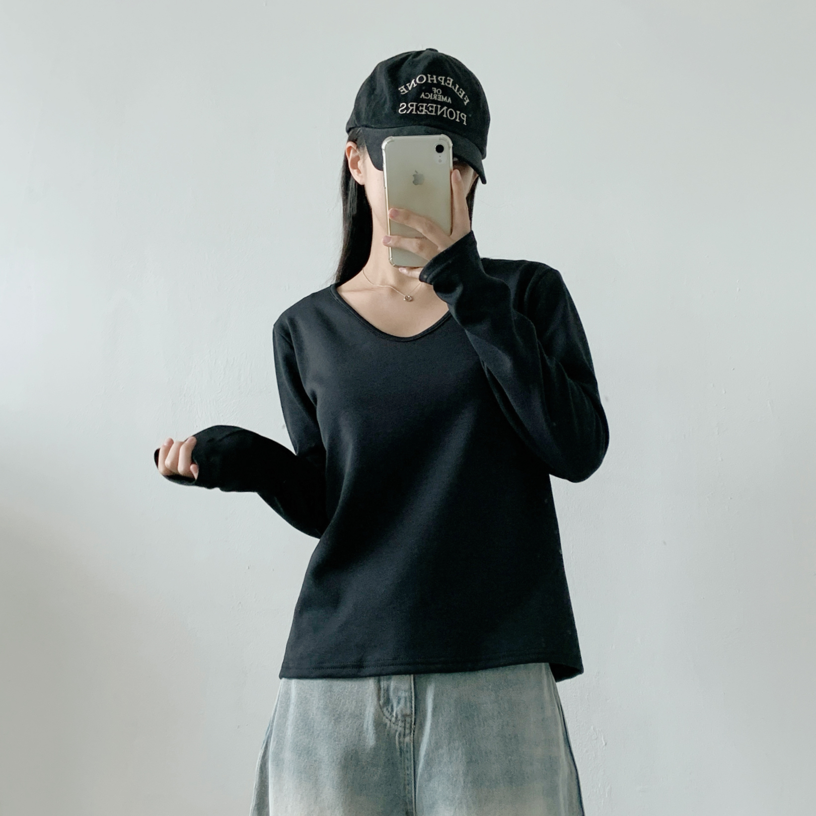 裏起毛Vネック長袖無地カラーTシャツ | 詳細画像17