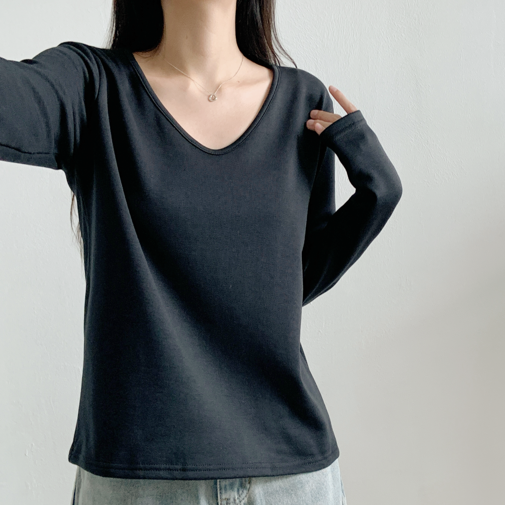 裏起毛Vネック長袖無地カラーTシャツ | 詳細画像21