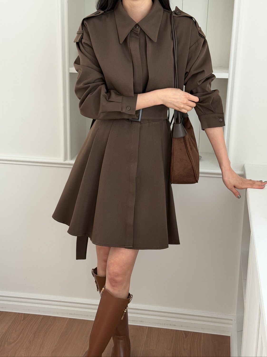 ベルト付カラーピンタック長袖Aラインミニワンピース | 詳細画像2