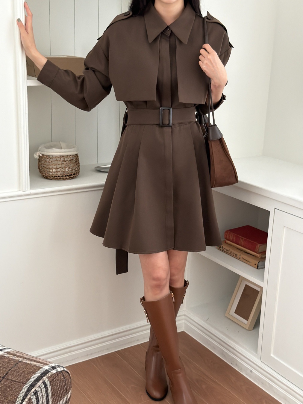 ベルト付カラーピンタック長袖Aラインミニワンピース | 詳細画像8