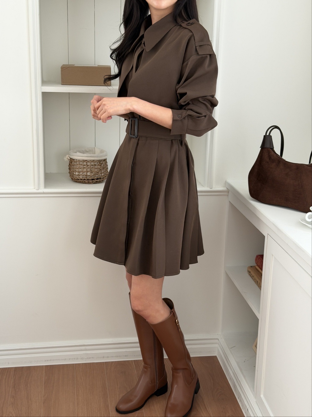 ベルト付カラーピンタック長袖Aラインミニワンピース | 詳細画像12