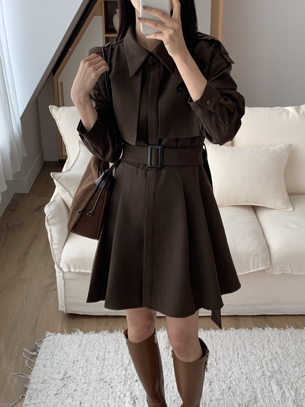 ベルト付カラーピンタック長袖Aラインミニワンピース | 詳細画像14