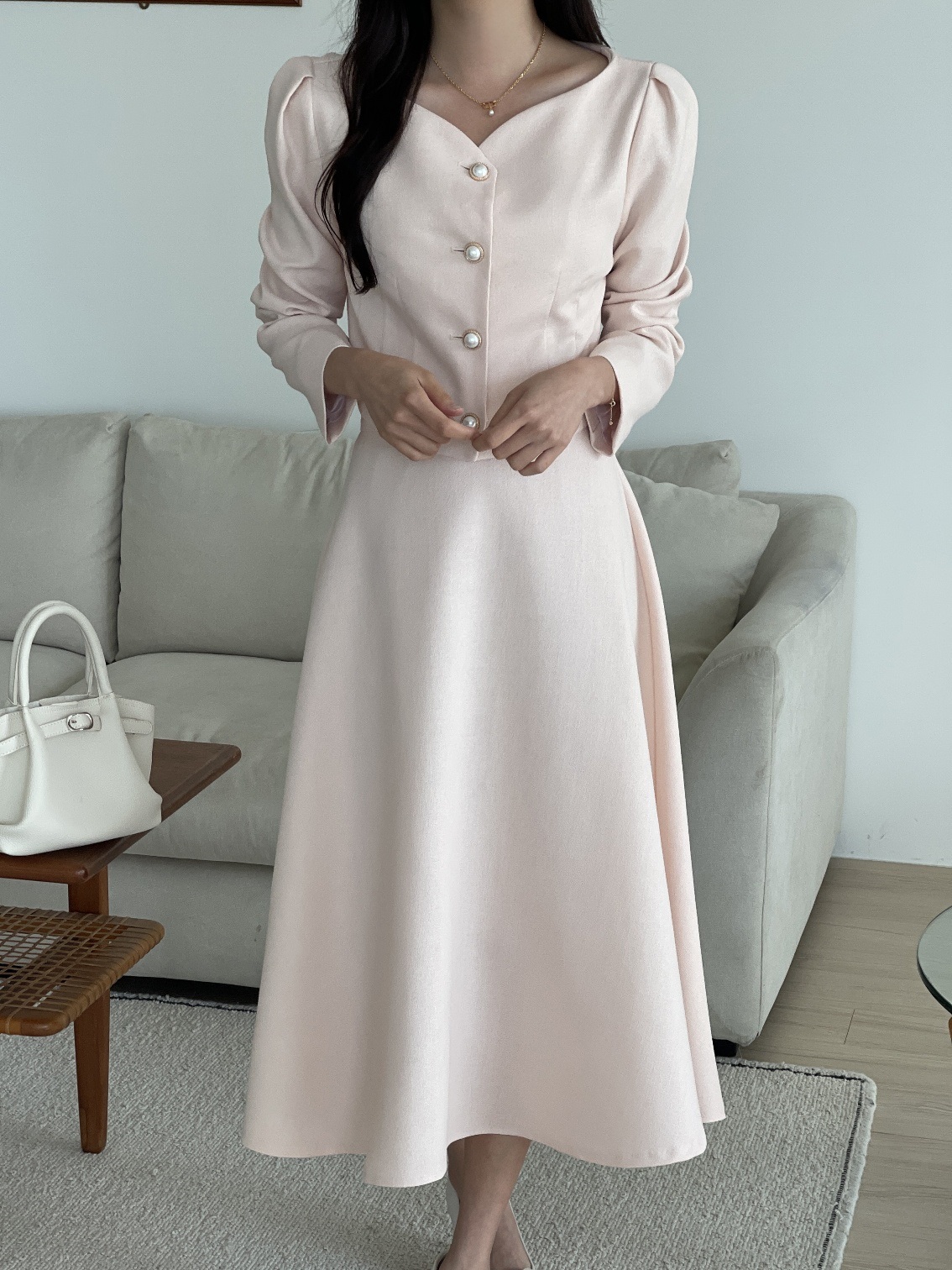 ハートネックパール調ボタンクロップドロングフレアセットアップ | 詳細画像7