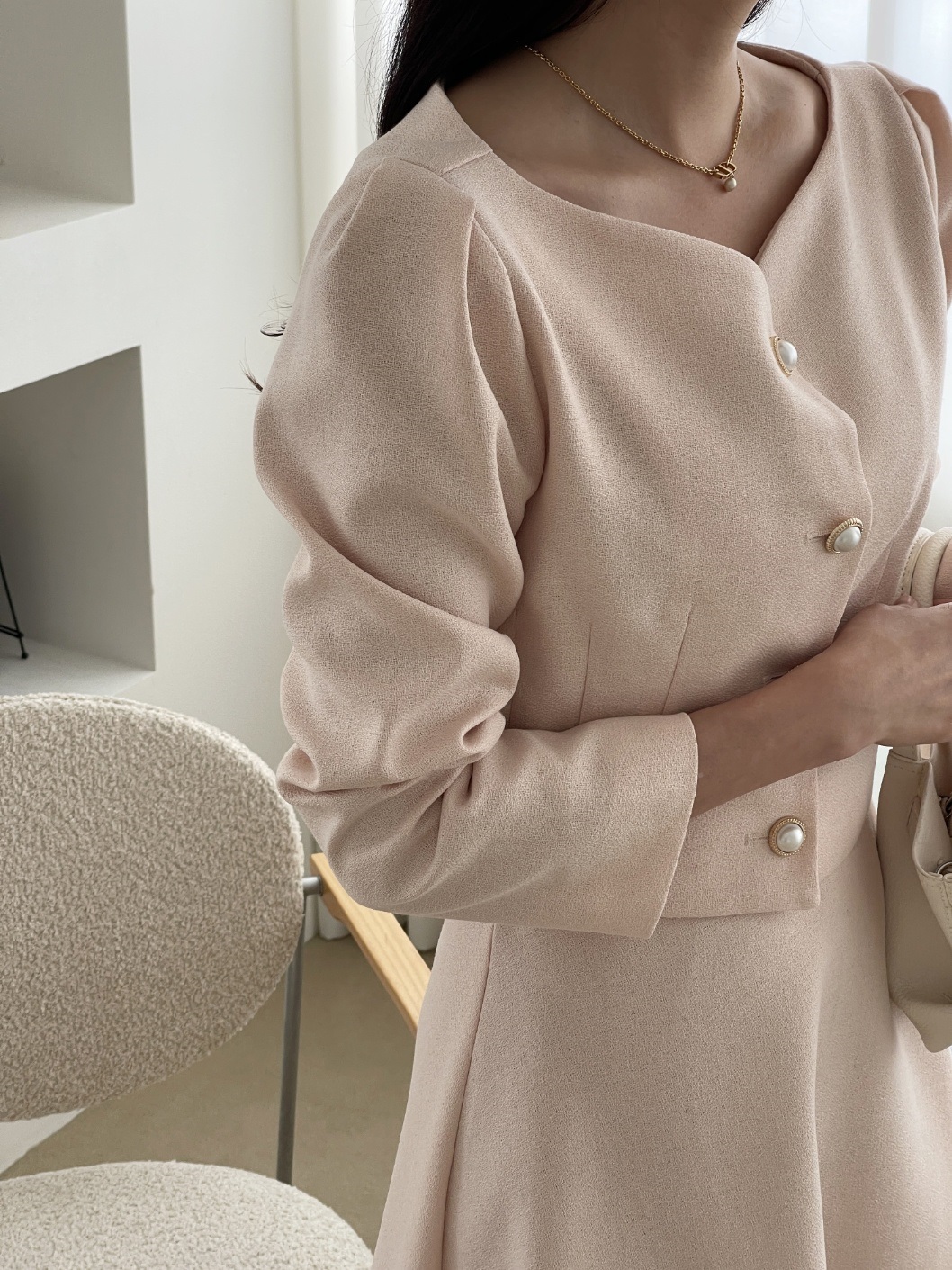 ハートネックパール調ボタンクロップドロングフレアセットアップ | 詳細画像15