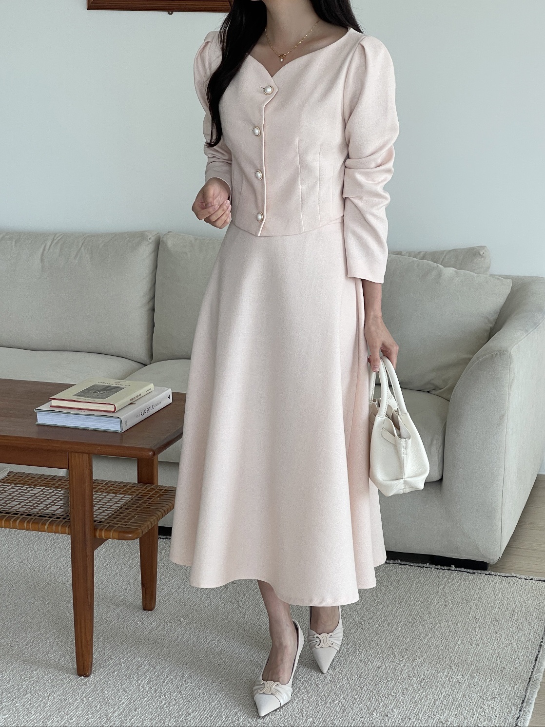 ハートネックパール調ボタンクロップド長袖ジャケット | 詳細画像2