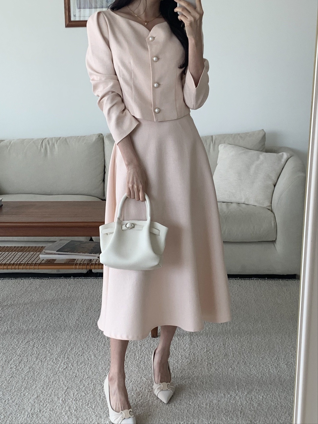 ハートネックパール調ボタンクロップド長袖ジャケット | 詳細画像4