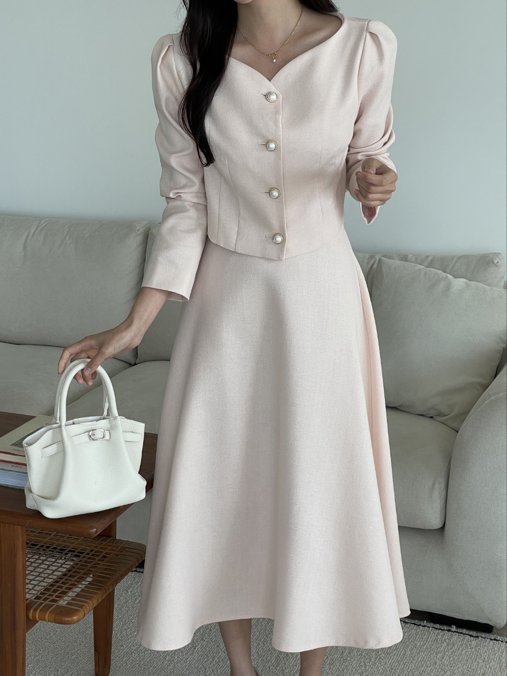 ハートネックパール調ボタンクロップド長袖ジャケット | 詳細画像9