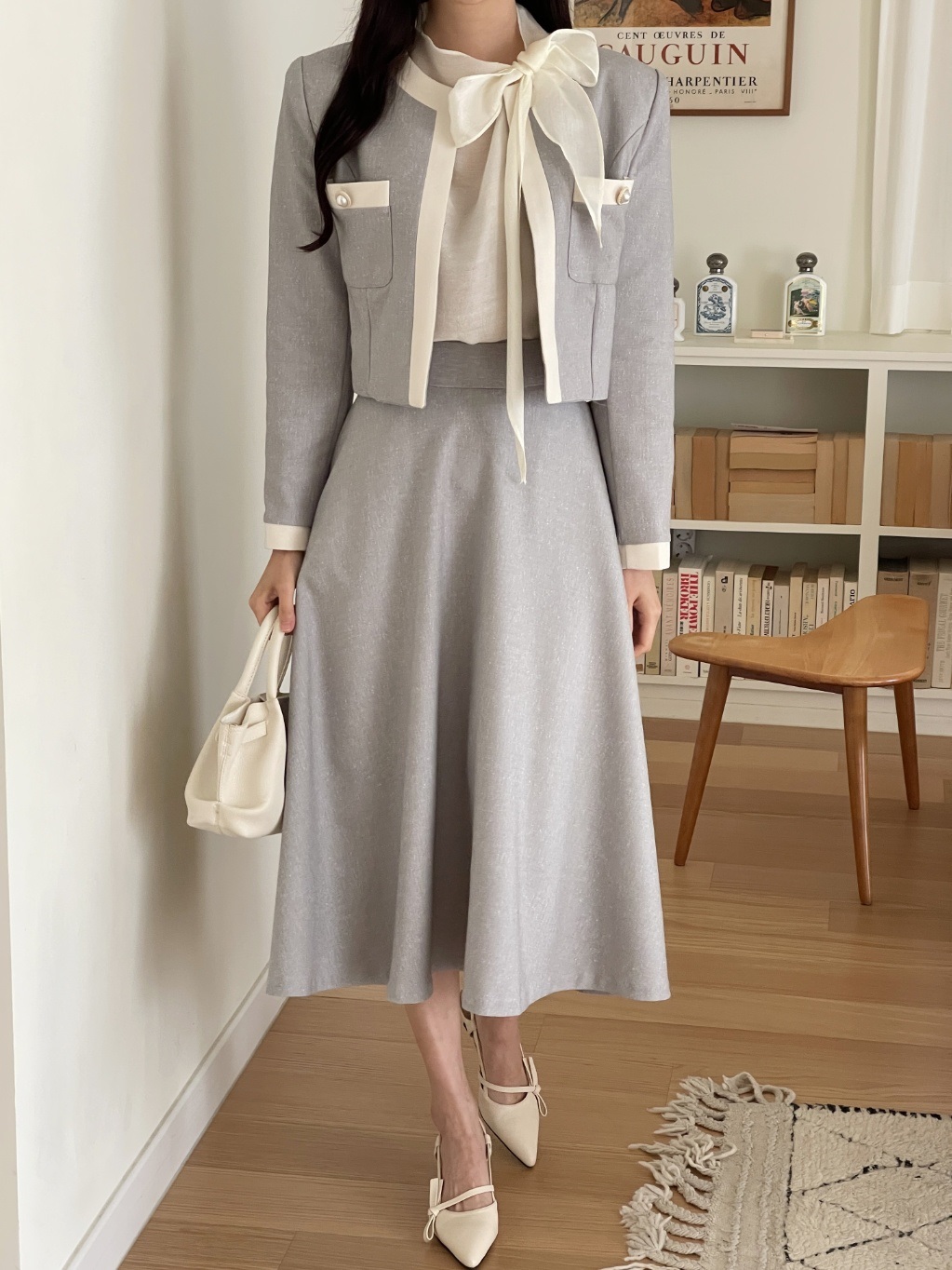 メランジポケット肩パッドクロップドロングフレア配色セットアップ | 詳細画像7