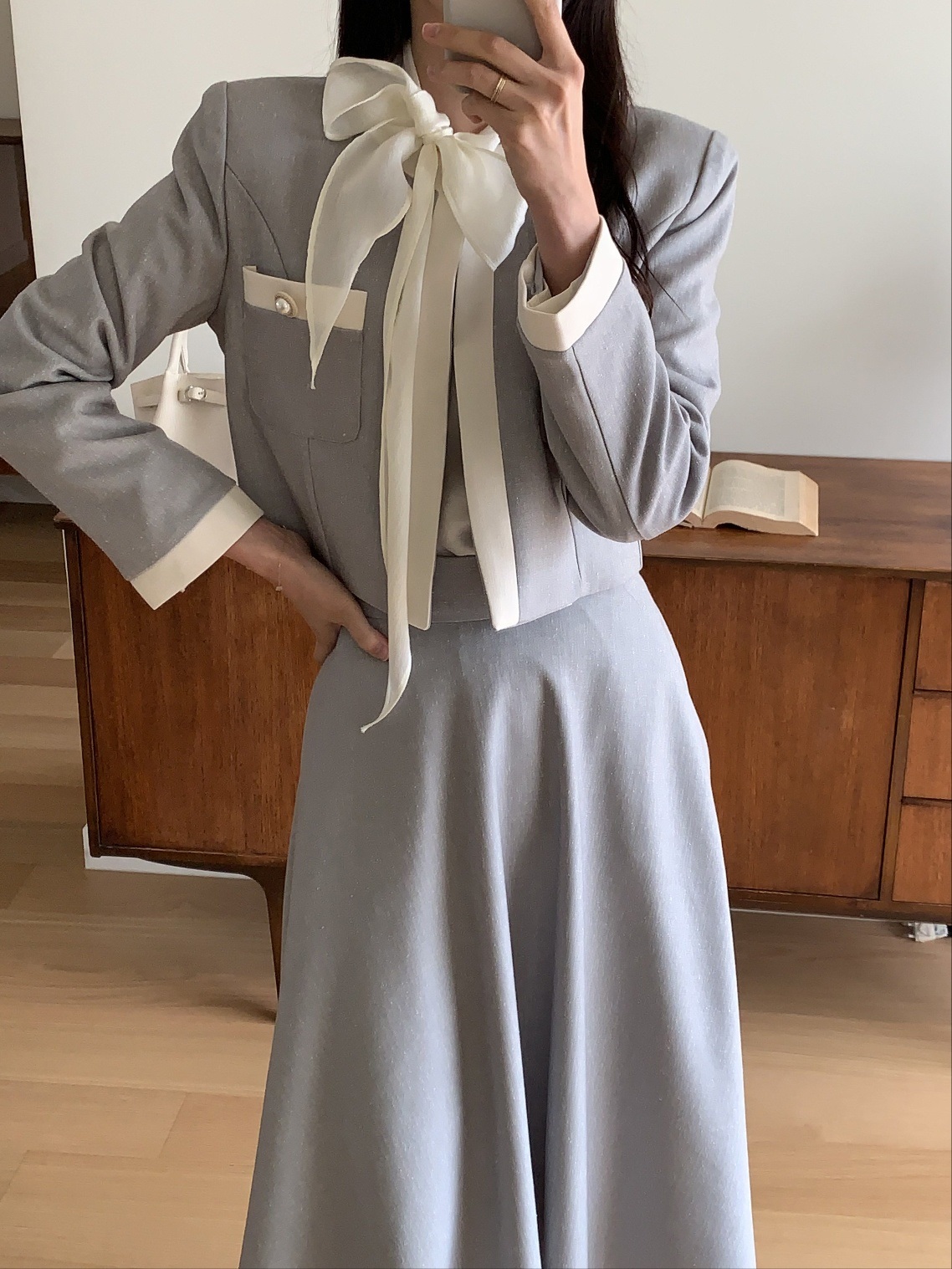 メランジポケット肩パッドクロップドロングフレア配色セットアップ | 詳細画像9