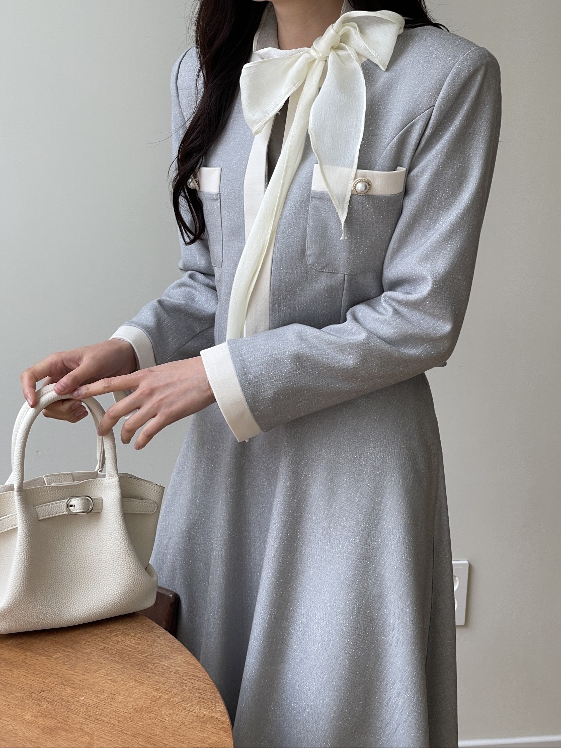 メランジポケット肩パッドクロップドロングフレア配色セットアップ | 詳細画像13