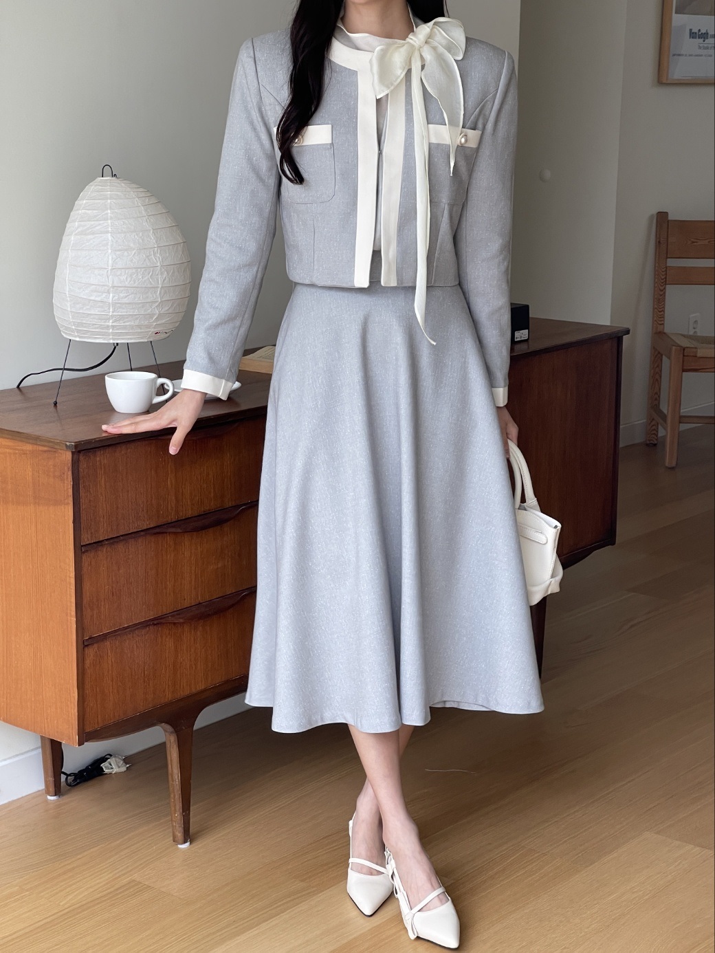 メランジポケット肩パッドクロップドロングフレア配色セットアップ | 詳細画像14