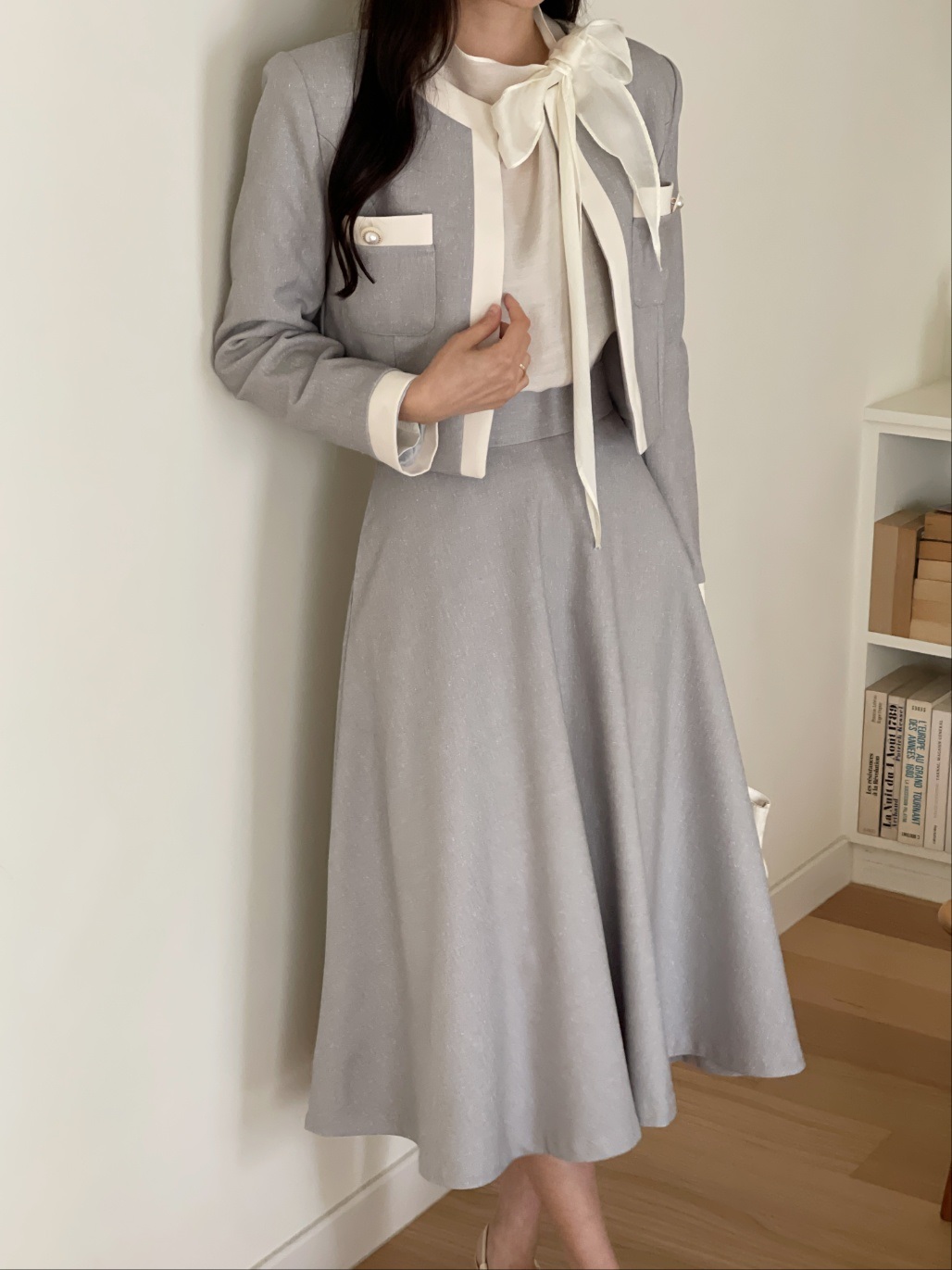 メランジラウンドネックポケット肩パッドクロップド配色ジャケット | 詳細画像3