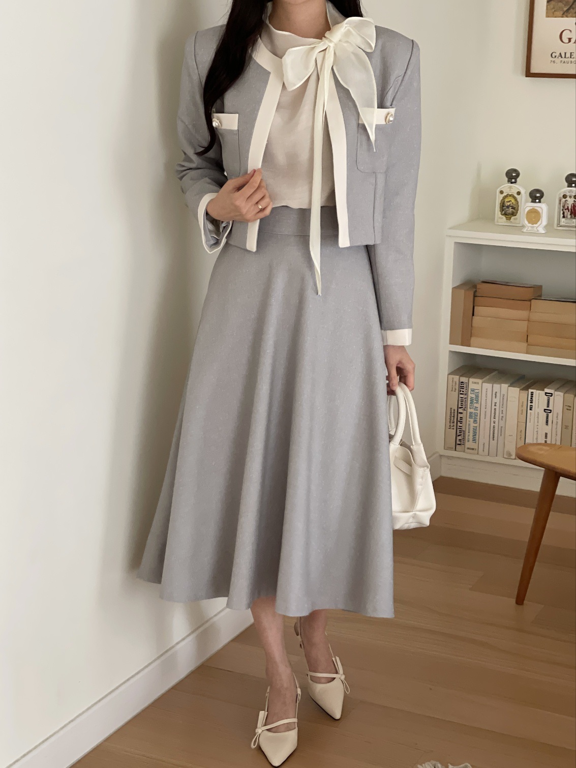 メランジラウンドネックポケット肩パッドクロップド配色ジャケット | 詳細画像4