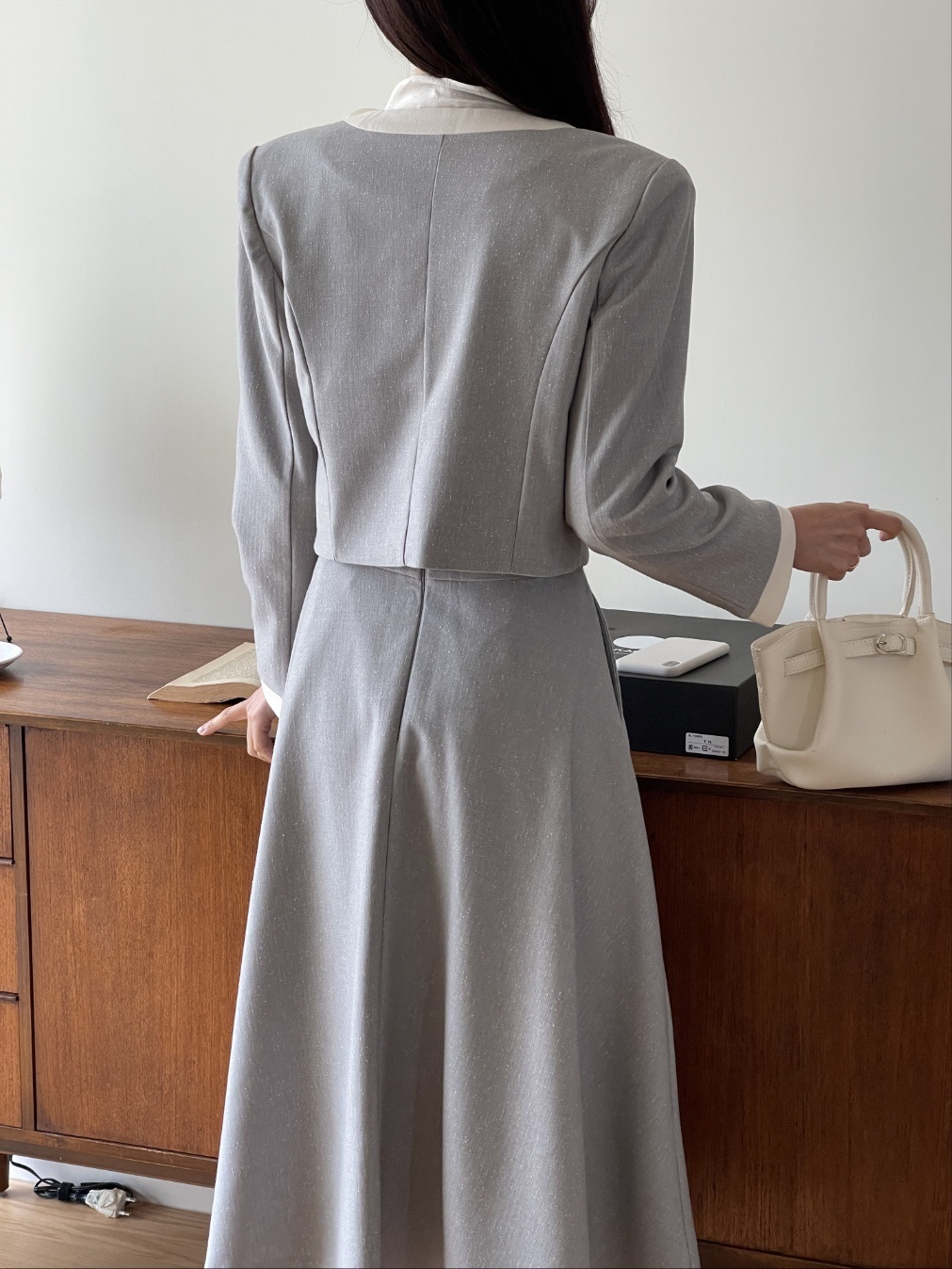 メランジラウンドネックポケット肩パッドクロップド配色ジャケット | 詳細画像9