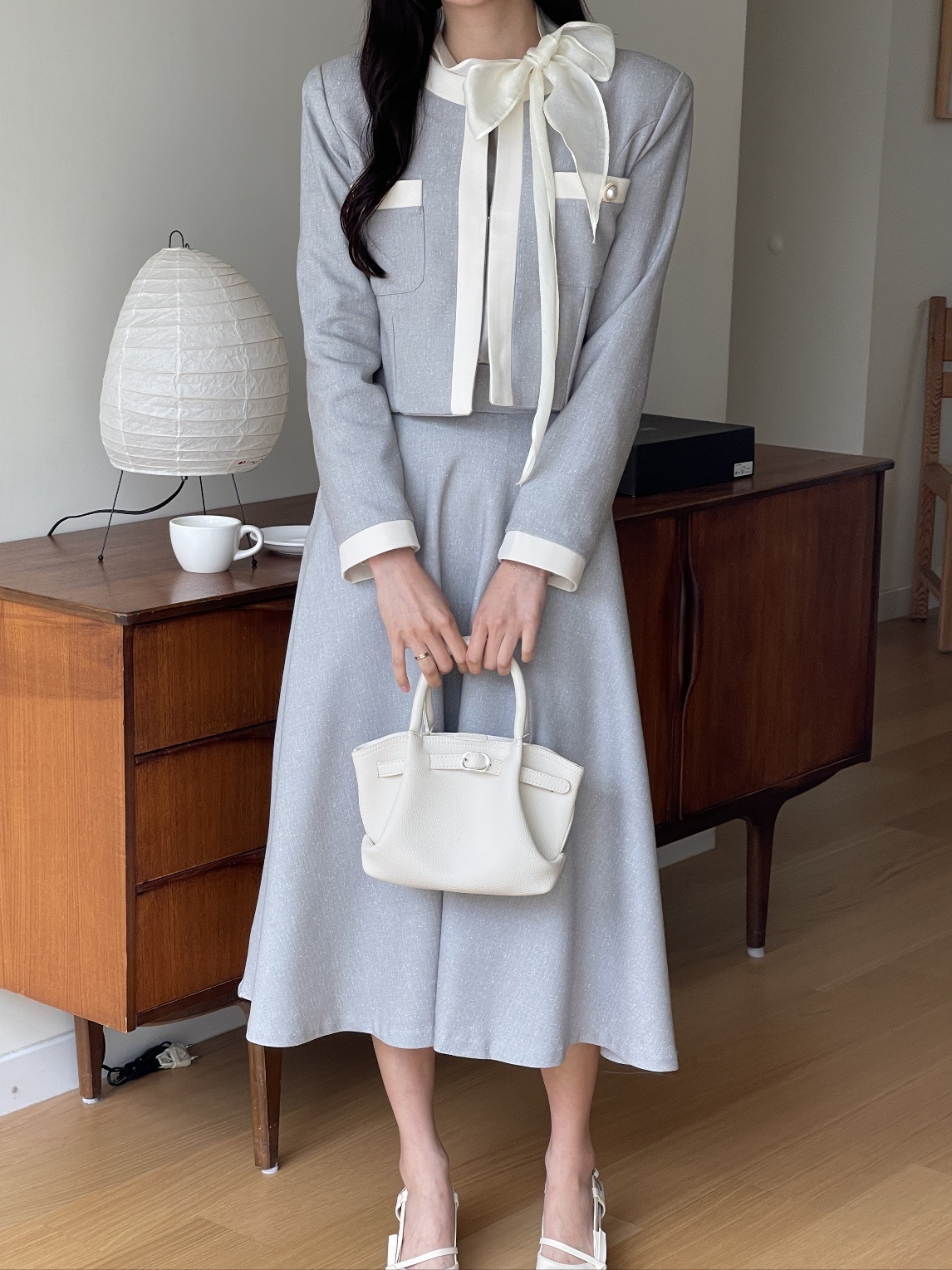 メランジラウンドネックポケット肩パッドクロップド配色ジャケット | 詳細画像13