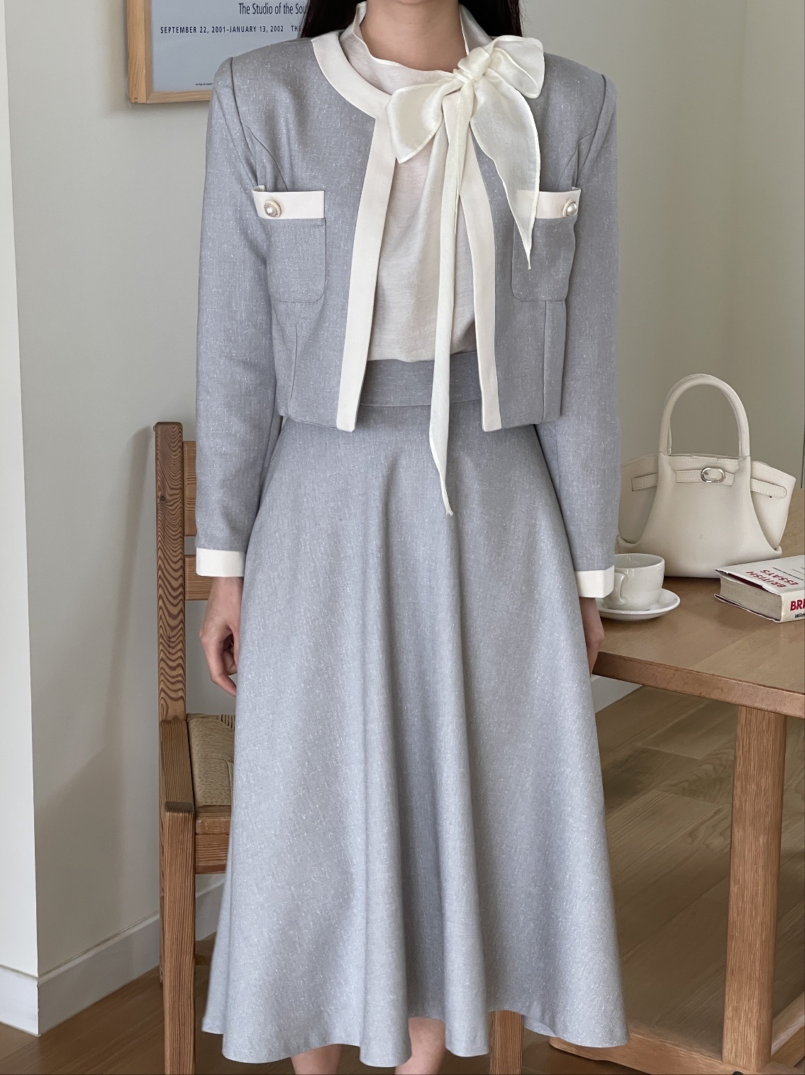 メランジラウンドネックポケット肩パッドクロップド配色ジャケット | 詳細画像14