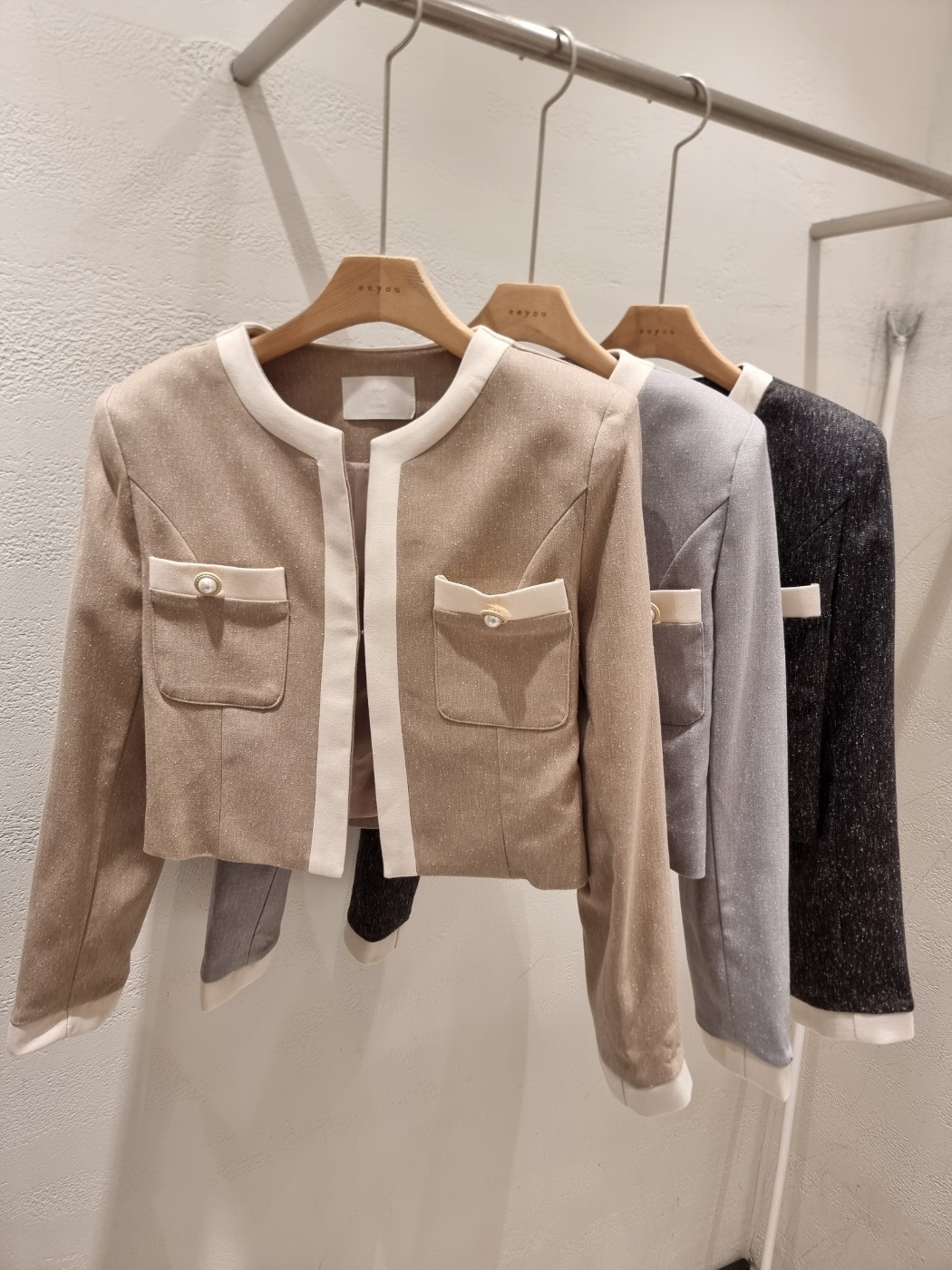 メランジラウンドネックポケット肩パッドクロップド配色ジャケット | 詳細画像17