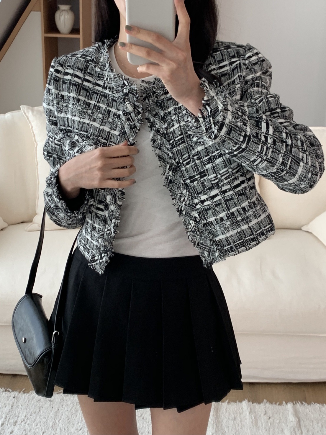 ツイードラウンドネックフリンジ肩パッド長袖チェック | 詳細画像2