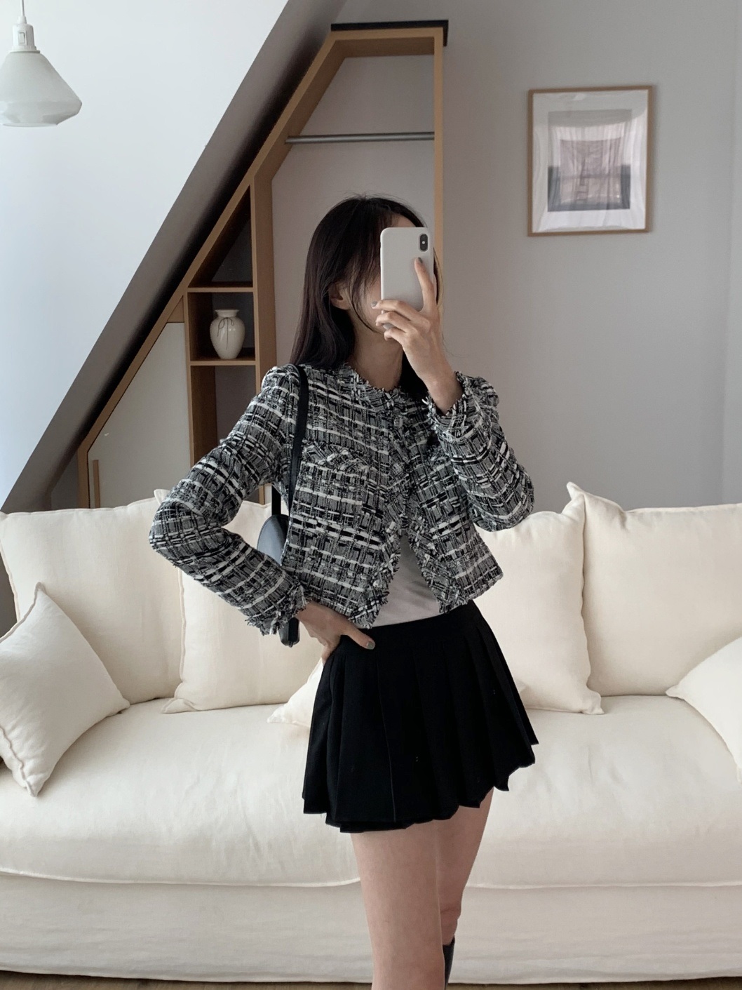 ツイードラウンドネックフリンジ肩パッド長袖チェック | 詳細画像17