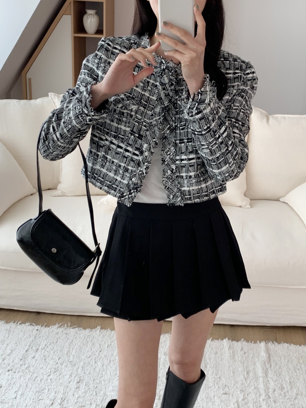 ツイードラウンドネックフリンジ肩パッド長袖チェック | 詳細画像19