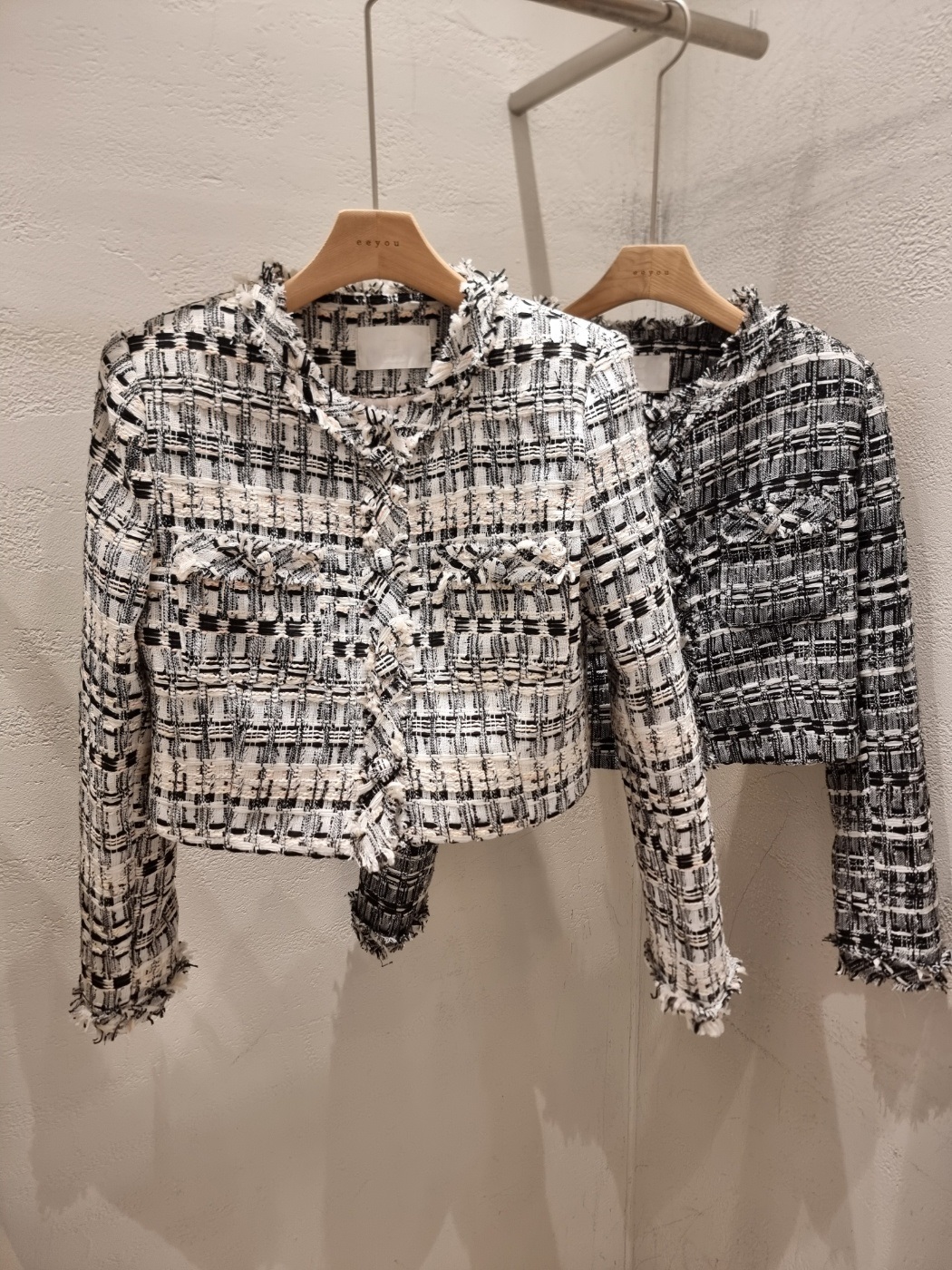 ツイードラウンドネックフリンジ肩パッド長袖チェック | 詳細画像20