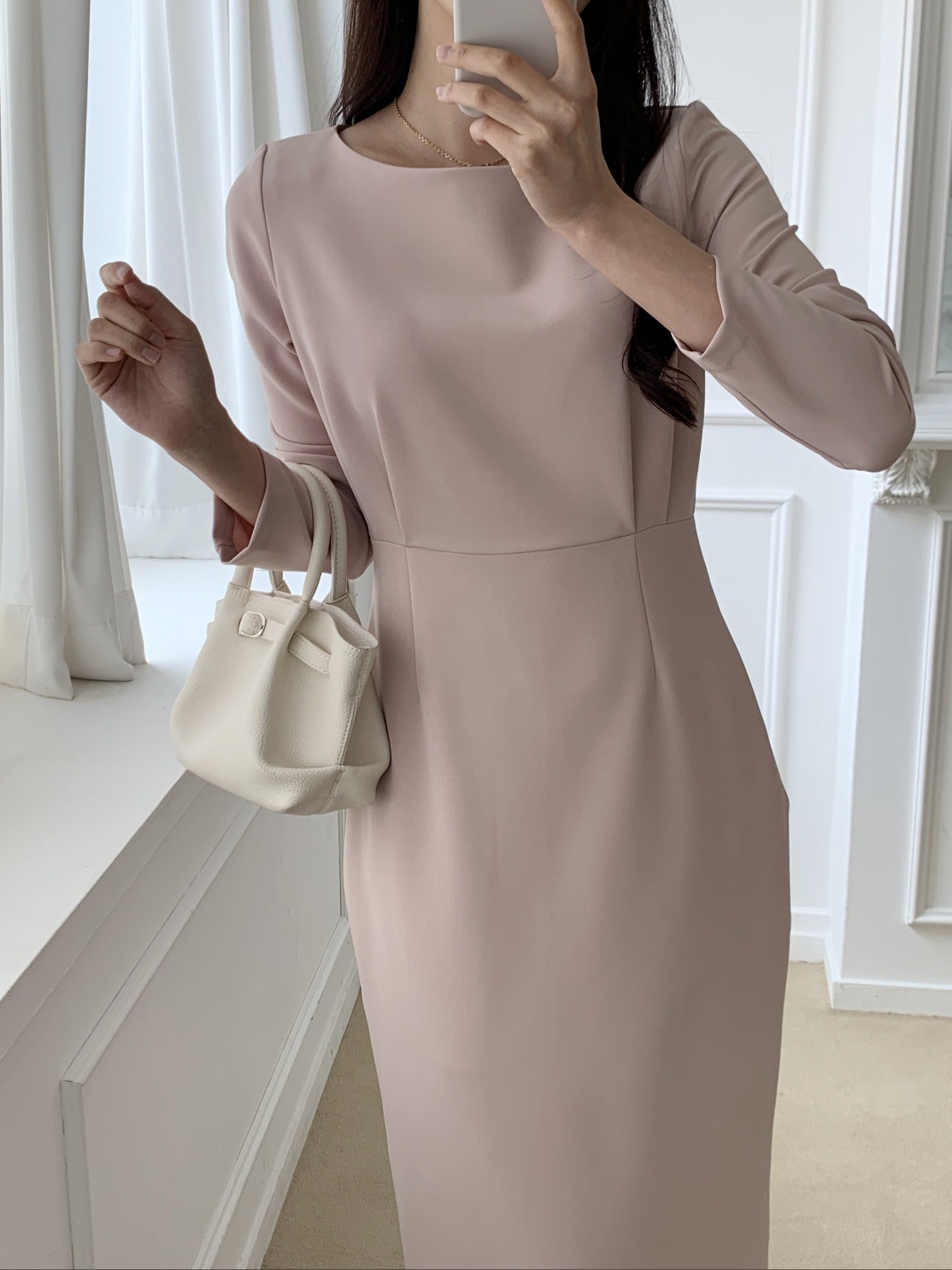 ボートネックシンプルスリムロング長袖ワンピース | 詳細画像3