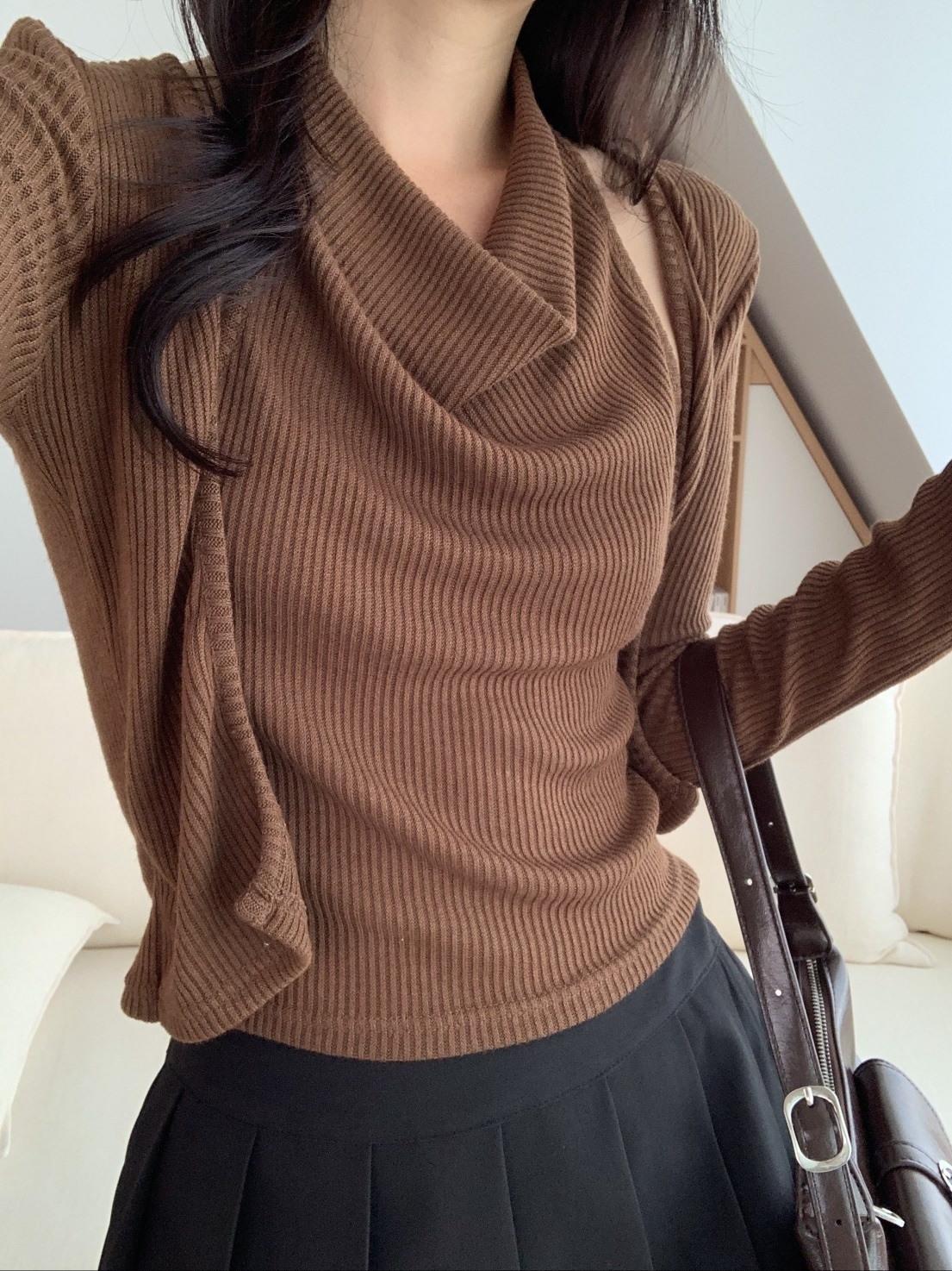 リブドレープホルターネックレイヤード風長袖Tシャツ | 詳細画像3