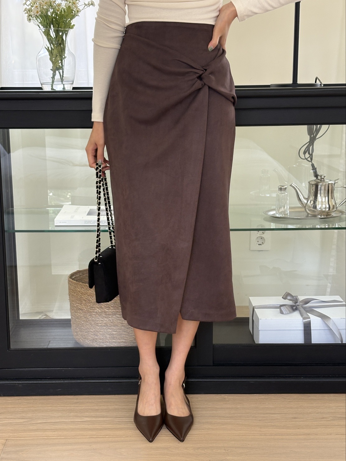 スエード調シャーリングツイストHライン(ロング丈)スカート | 詳細画像15