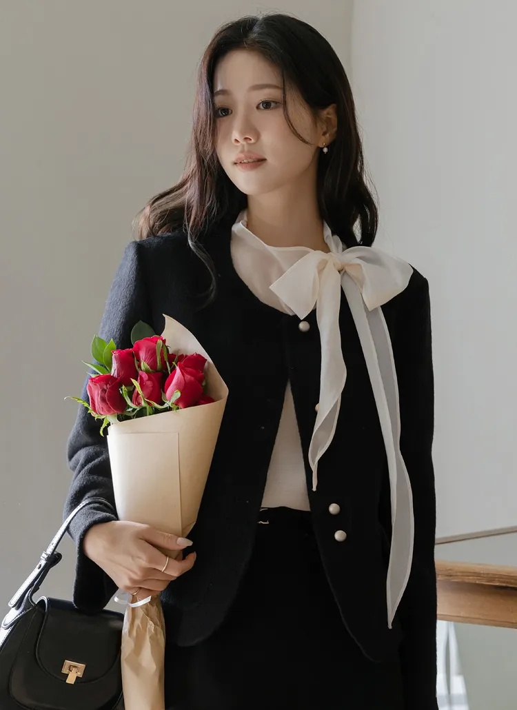 ウール混ゴールドボタンラウンドネックポケット長袖ジャケット | ODE | 詳細画像1