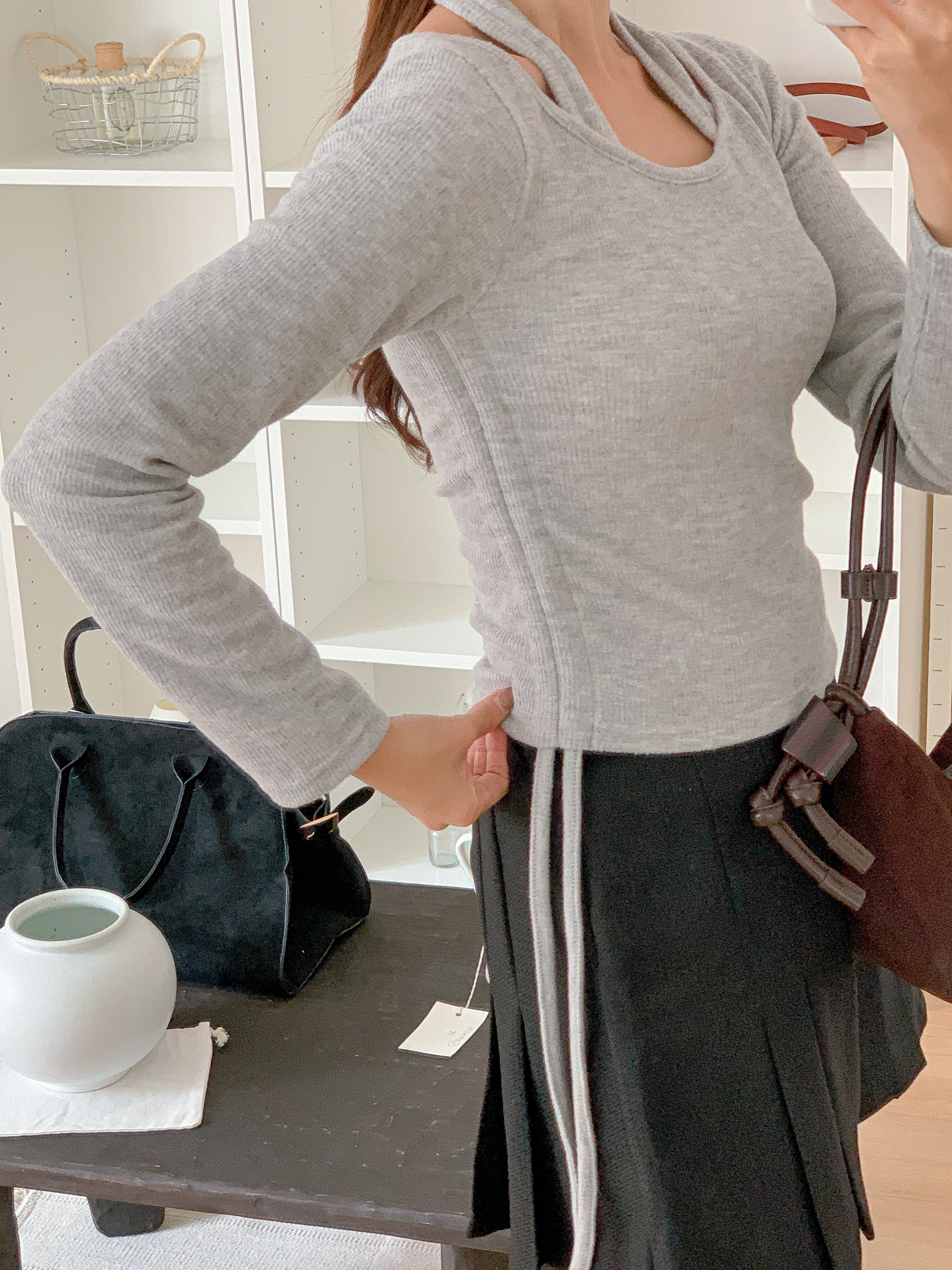 リブラウンドネックホルターネックシャーリングレイヤード風Tシャツ | 詳細画像3