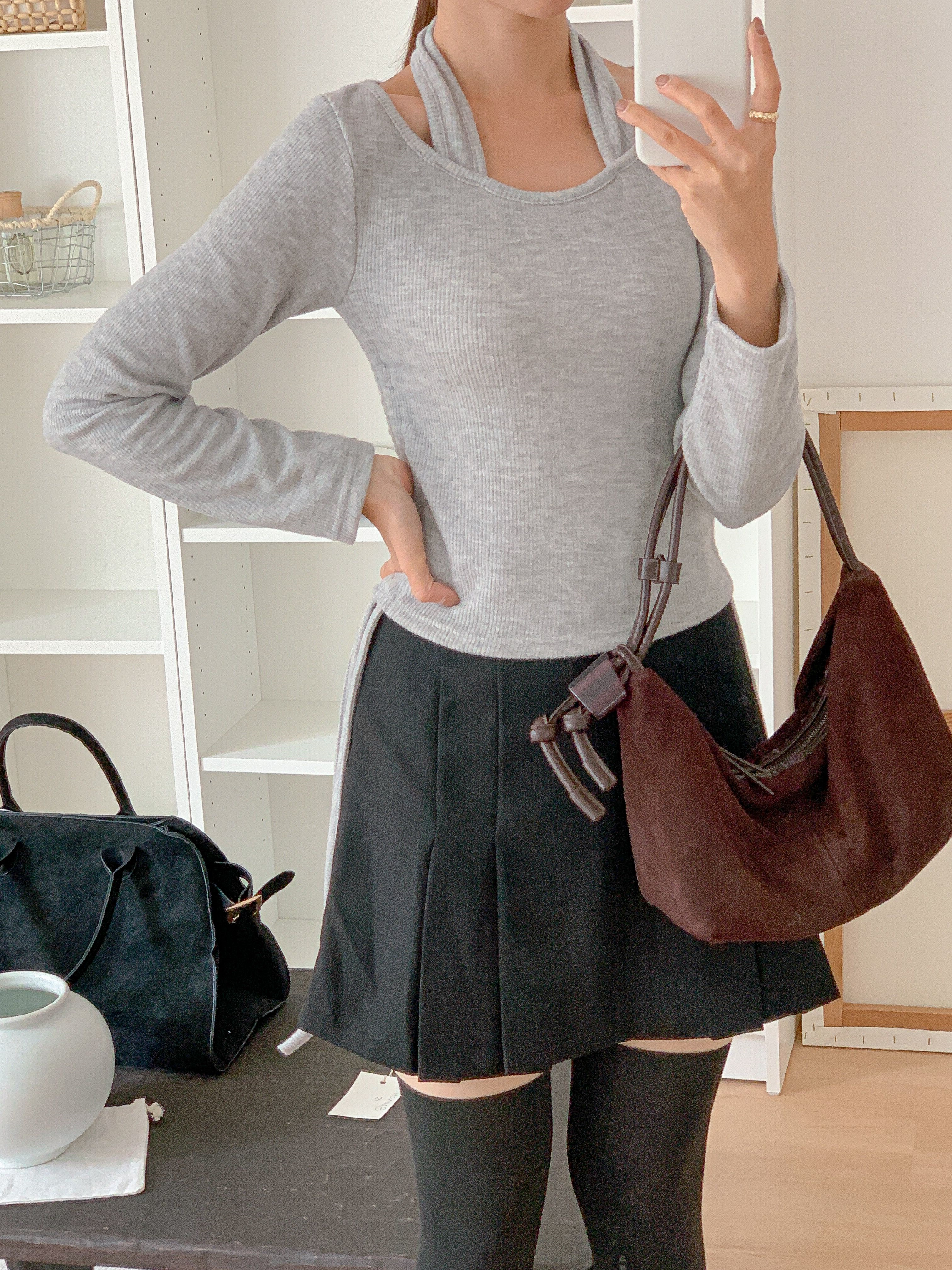 リブラウンドネックホルターネックシャーリングレイヤード風Tシャツ | 詳細画像6