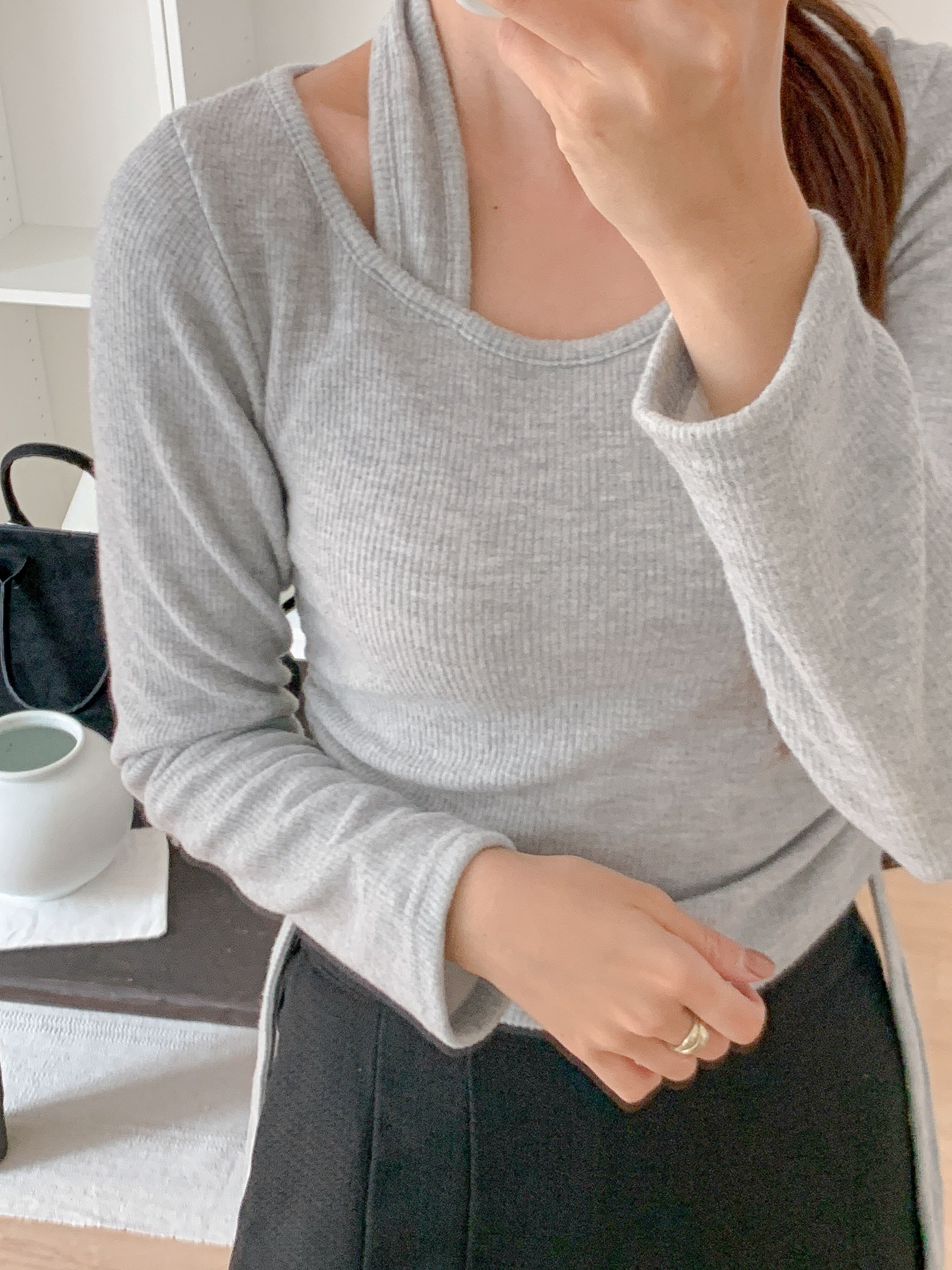 リブラウンドネックホルターネックシャーリングレイヤード風Tシャツ | 詳細画像14