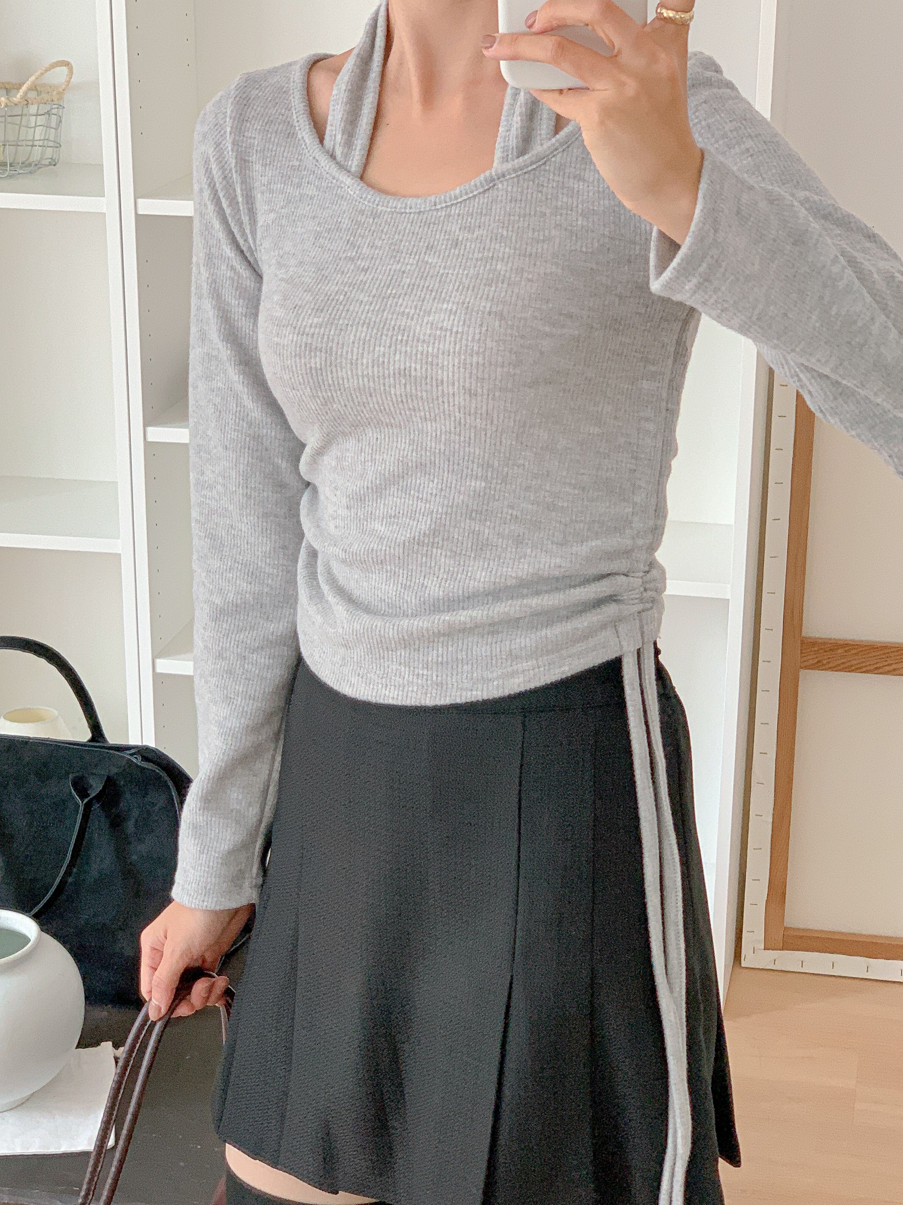 リブラウンドネックホルターネックシャーリングレイヤード風Tシャツ | 詳細画像15