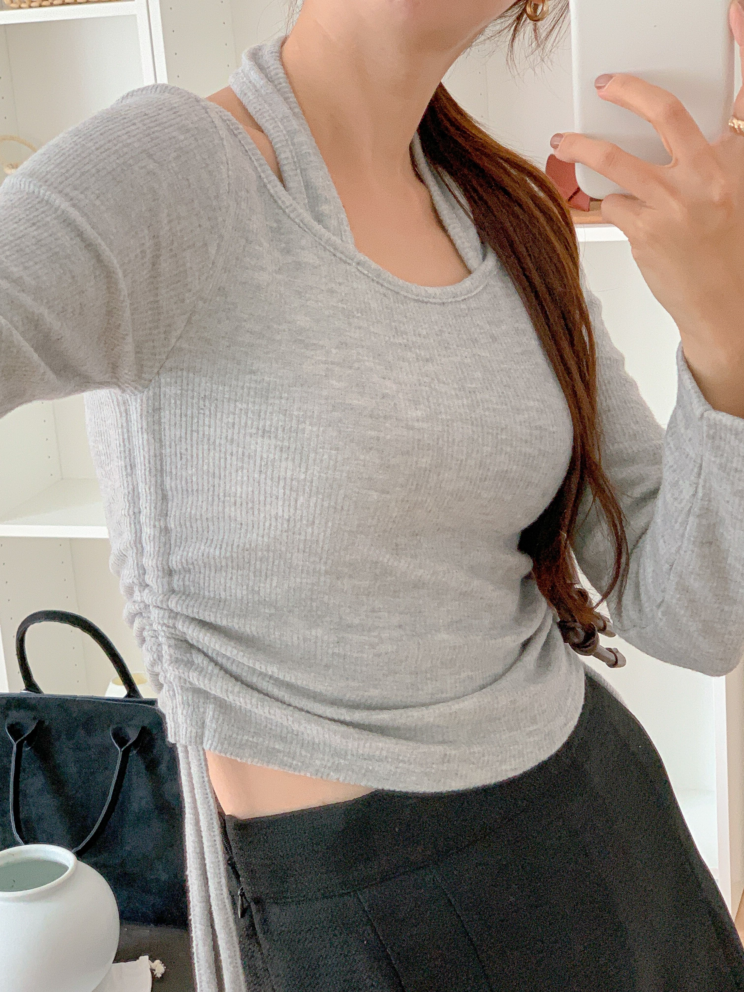 リブラウンドネックホルターネックシャーリングレイヤード風Tシャツ | 詳細画像16