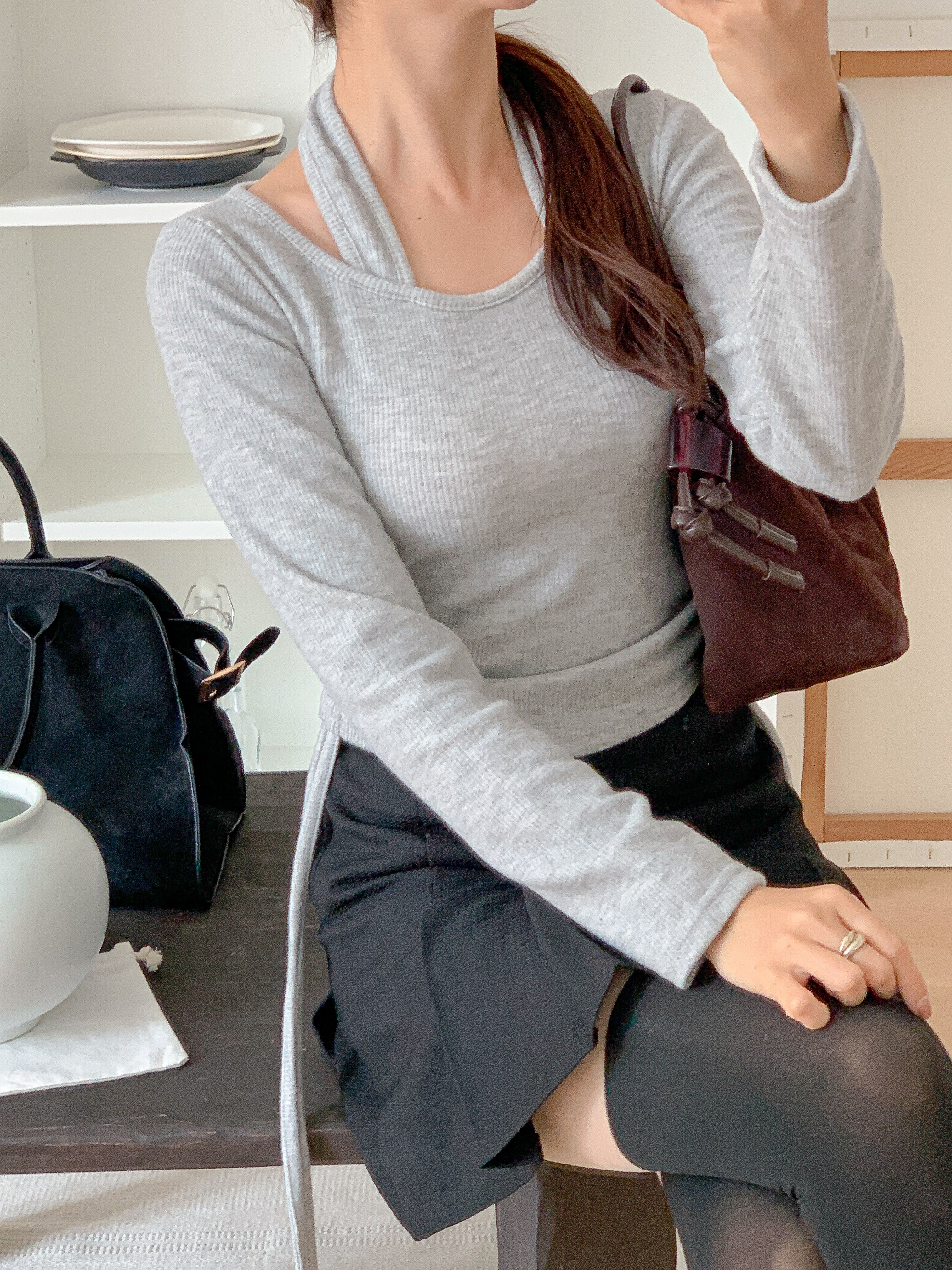 リブラウンドネックホルターネックシャーリングレイヤード風Tシャツ | 詳細画像18