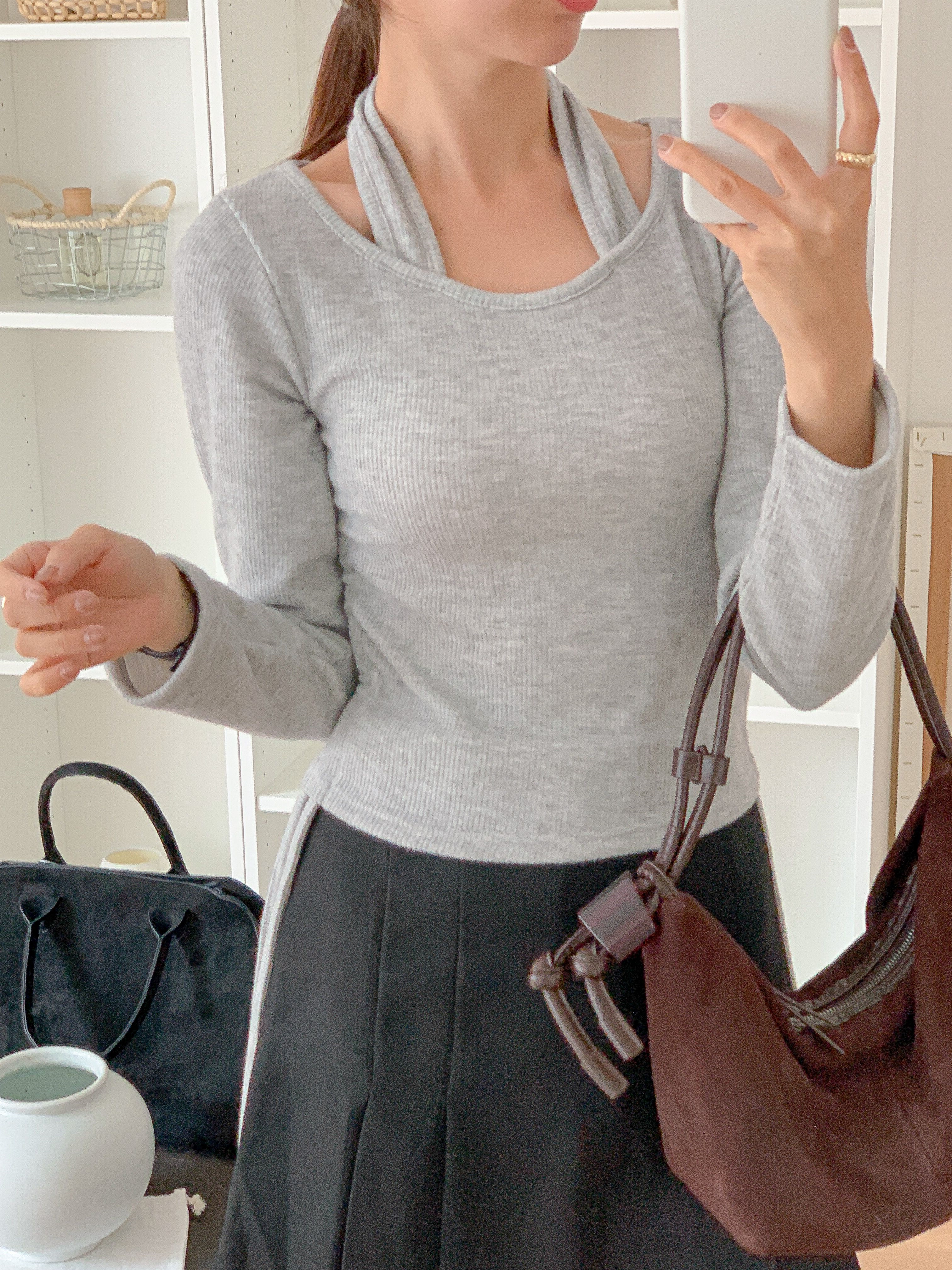 リブラウンドネックホルターネックシャーリングレイヤード風Tシャツ | 詳細画像20