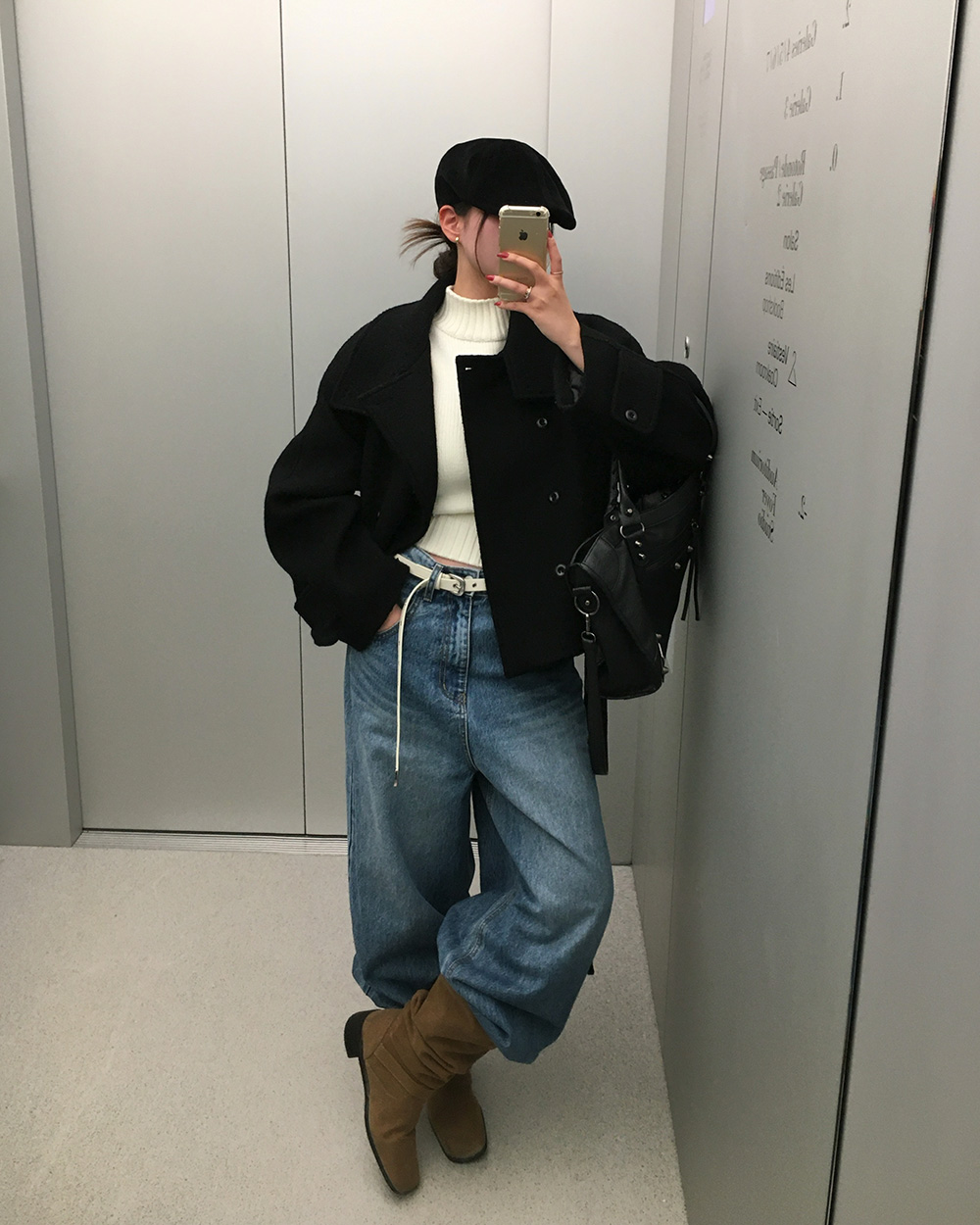 キルティング中綿ウール混ショートルーズ長袖コートベルト付