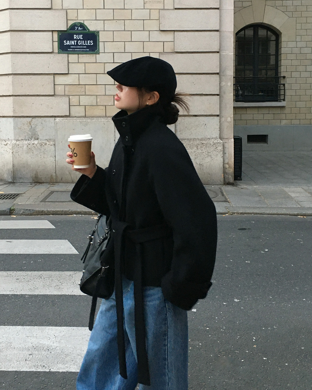 キルティング中綿ウール混ショートルーズ長袖コートベルト付 キルティング中綿ウール混ショートルーズ長袖コートベルト付