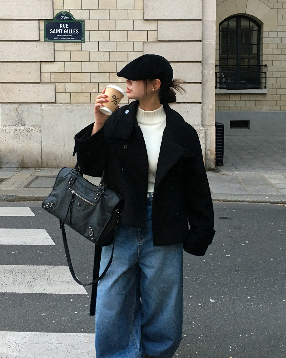 キルティング中綿ウール混ショートルーズ長袖コートベルト付 キルティング中綿ウール混ショートルーズ長袖コートベルト付