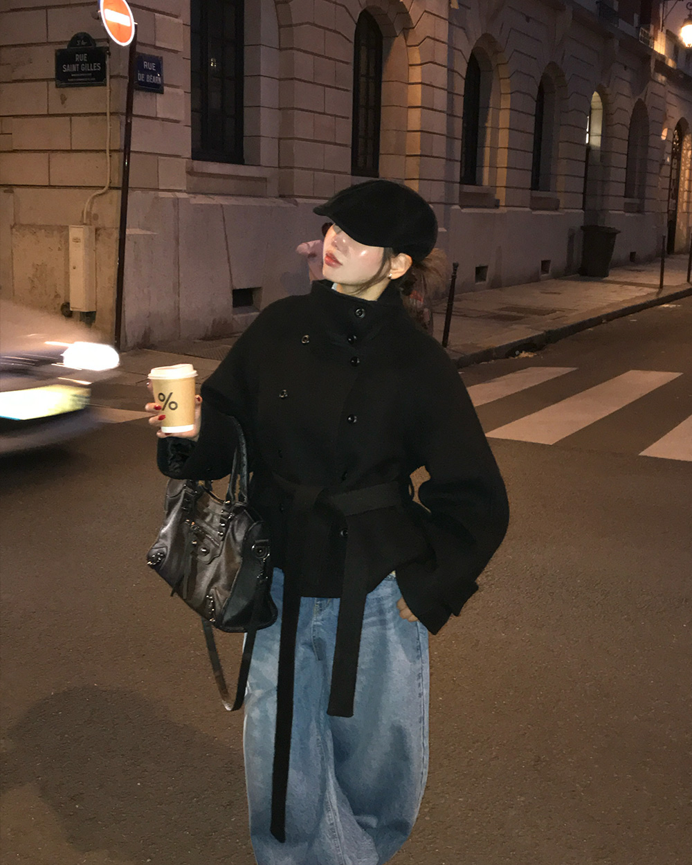 キルティング中綿ウール混ショートルーズ長袖コートベルト付