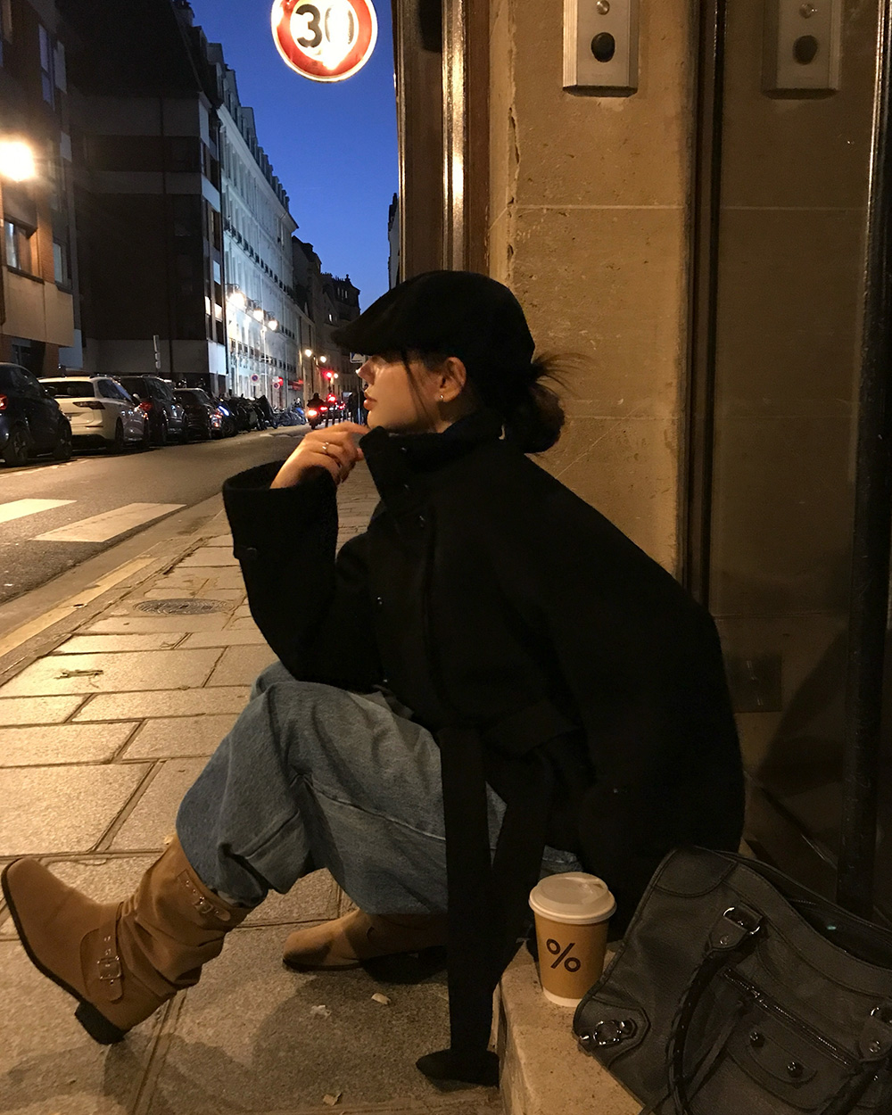 キルティング中綿ウール混ショートルーズ長袖コートベルト付