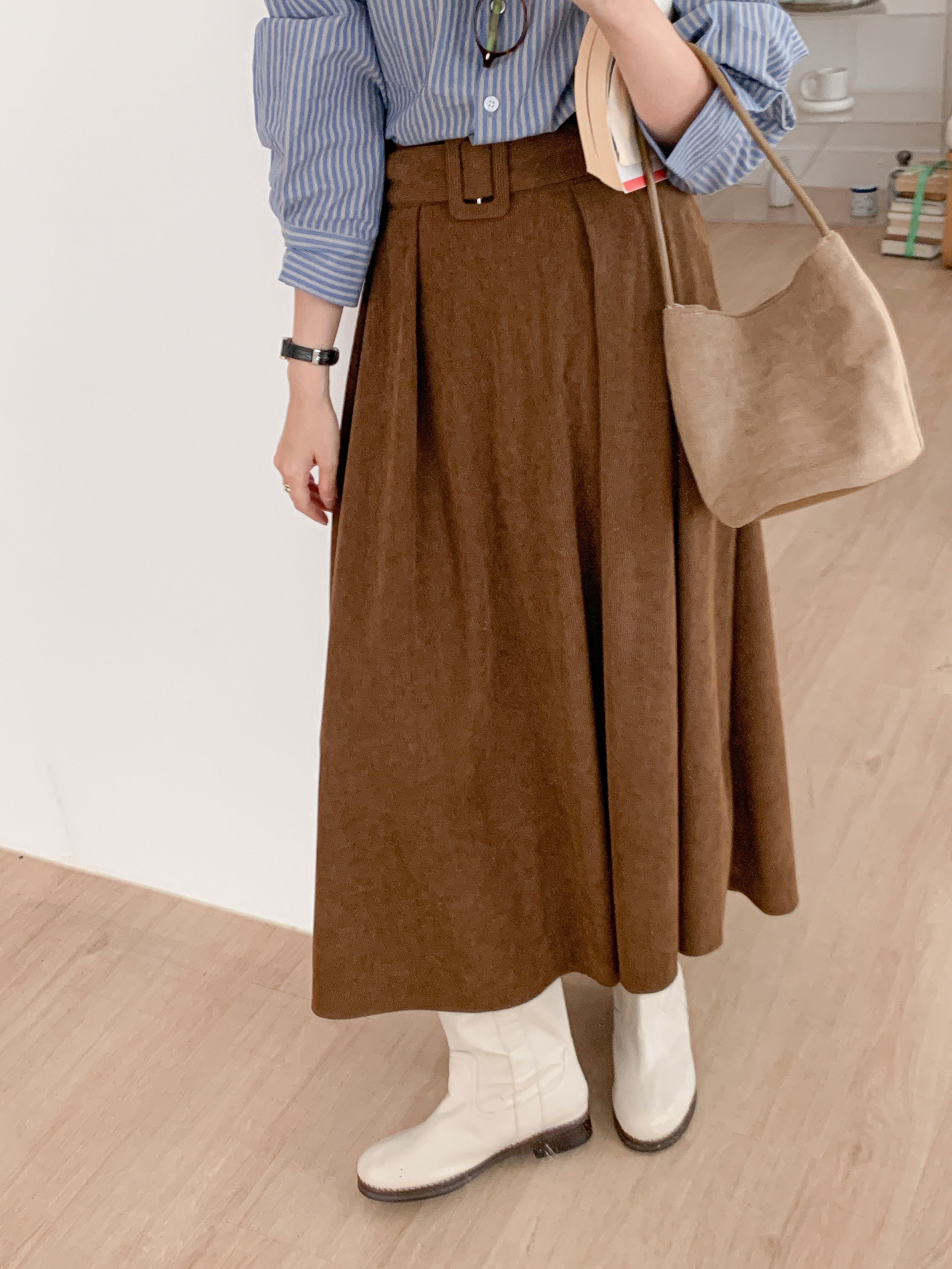 コーデュロイバックゴムロングフレアカラースカートベルト | 詳細画像4