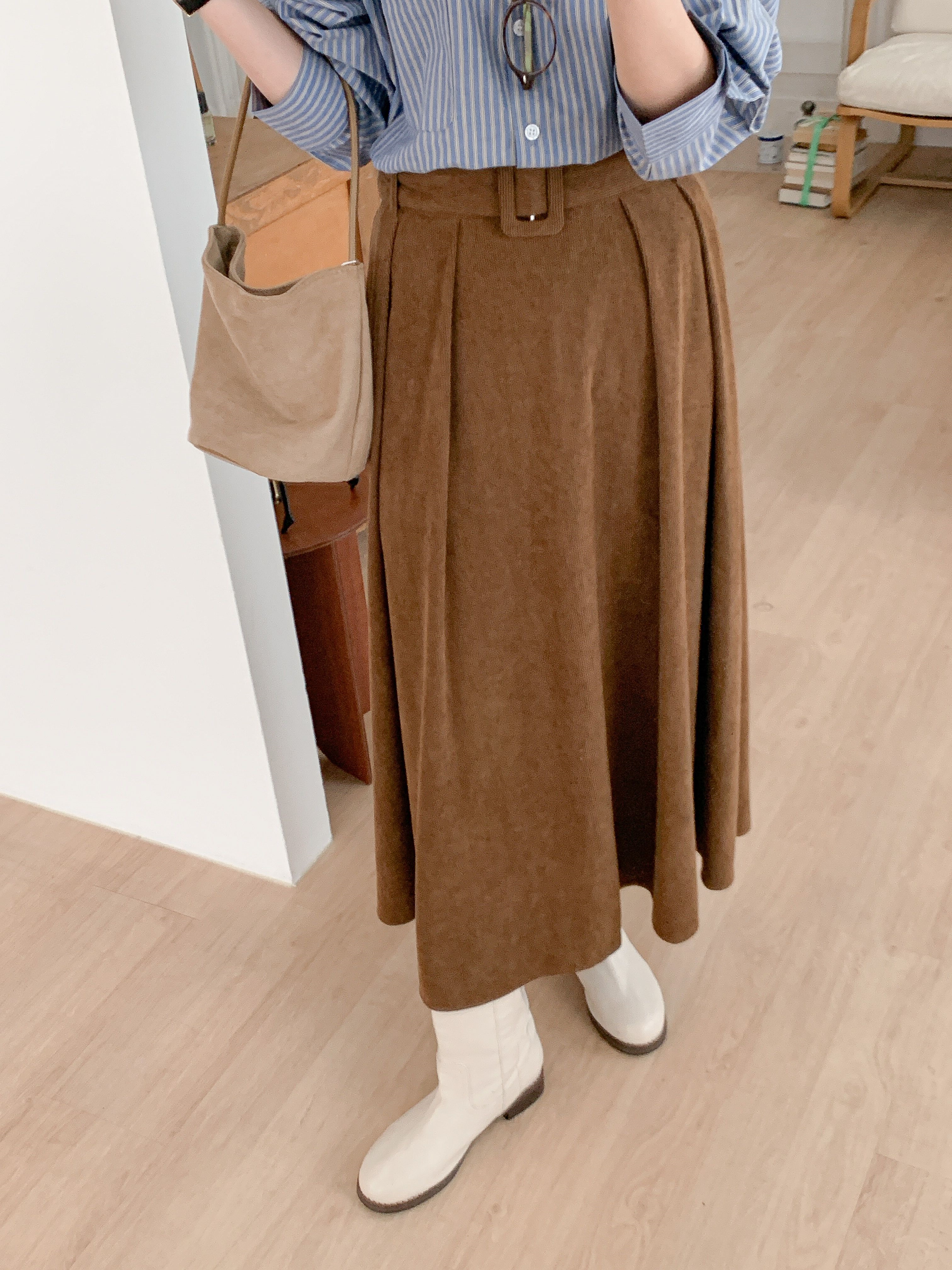 コーデュロイバックゴムロングフレアカラースカートベルト | 詳細画像6