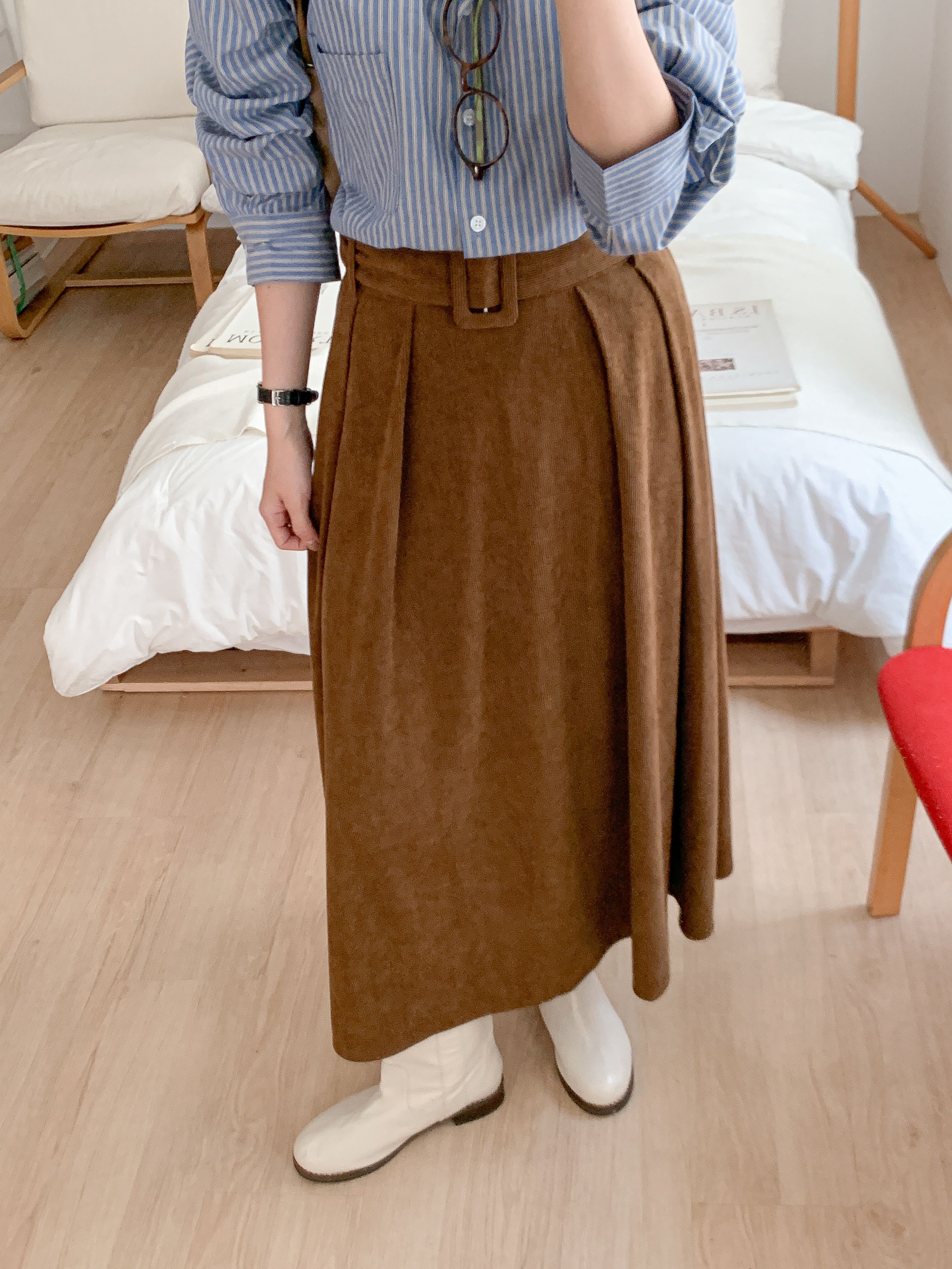 コーデュロイバックゴムロングフレアカラースカートベルト | 詳細画像10