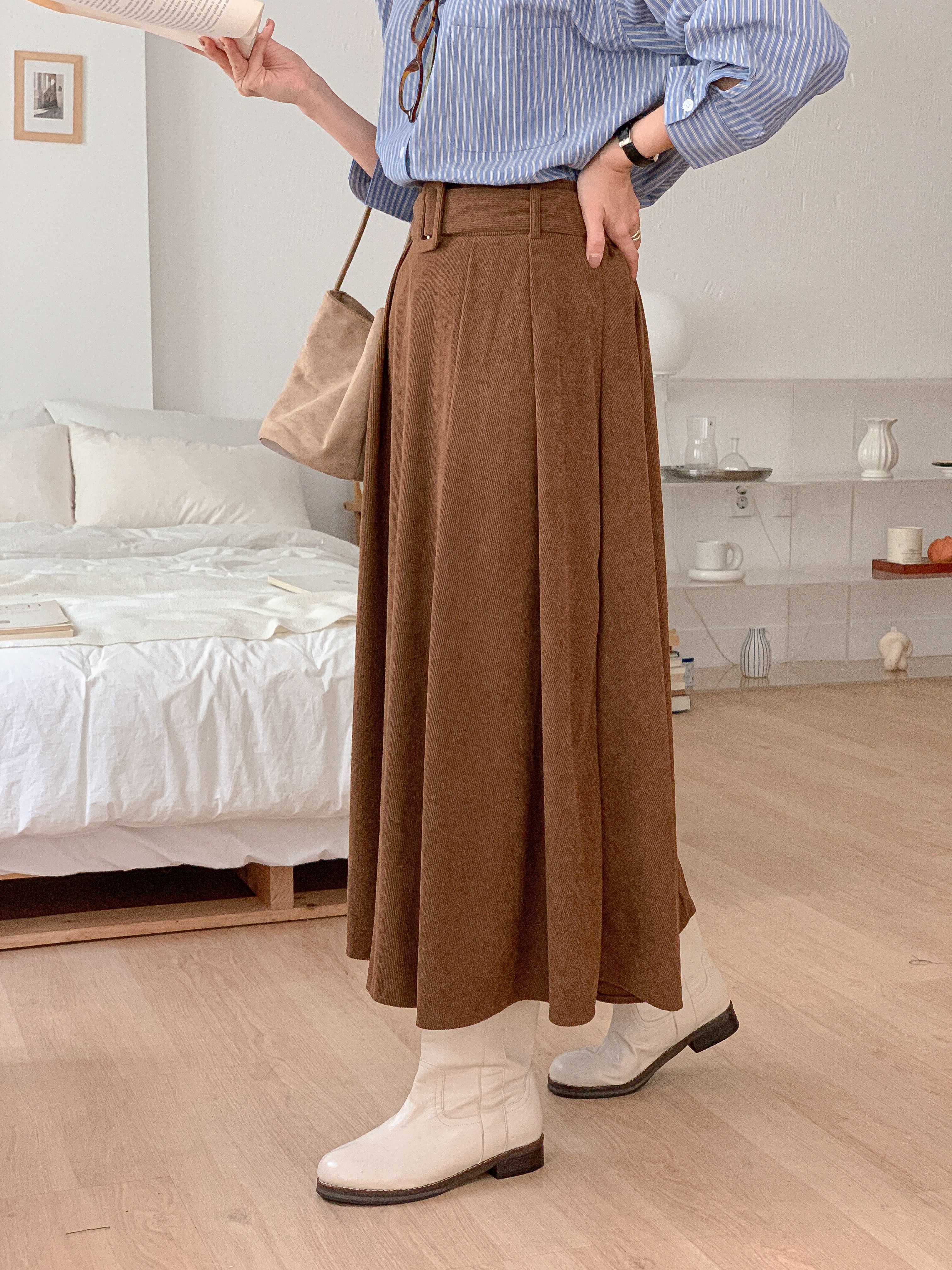 コーデュロイバックゴムロングフレアカラースカートベルト | 詳細画像11