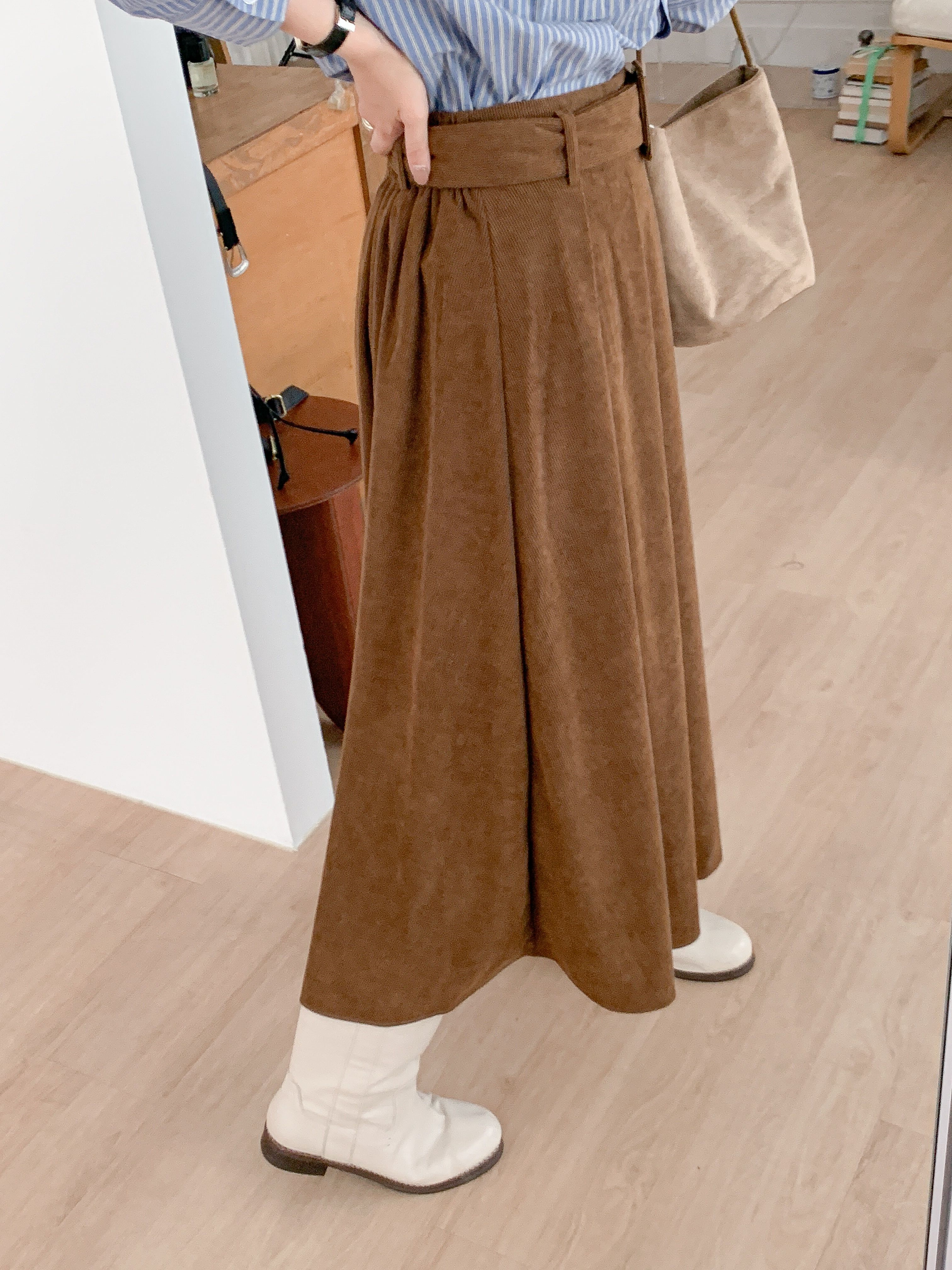 コーデュロイバックゴムロングフレアカラースカートベルト | 詳細画像15