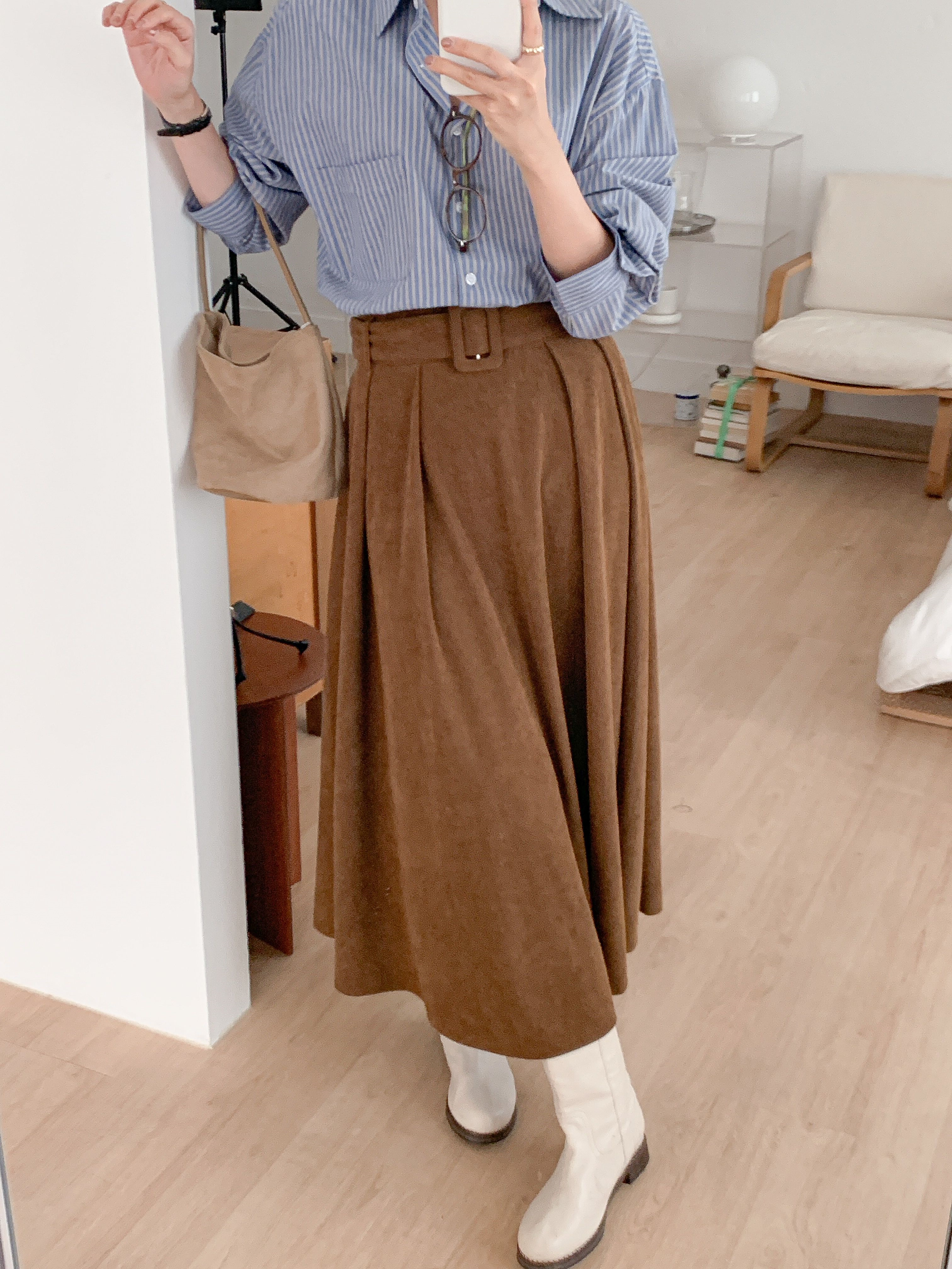 コーデュロイバックゴムロングフレアカラースカートベルト | 詳細画像17