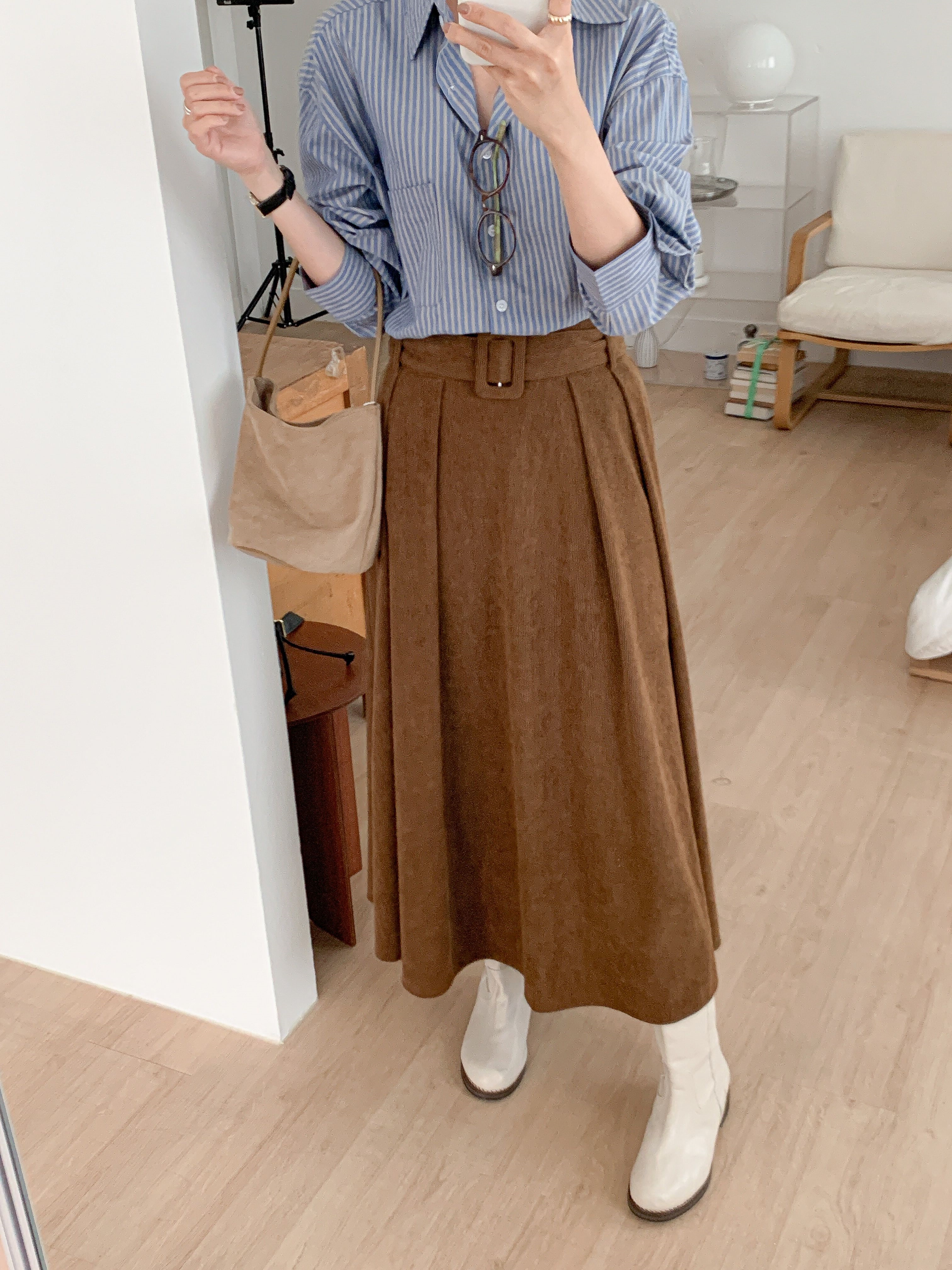 コーデュロイバックゴムロングフレアカラースカートベルト | 詳細画像18