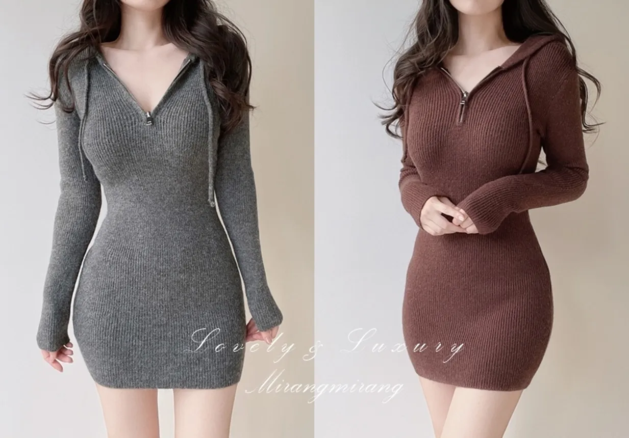 リブフードミニジップアップスリムワンピース | mirangmirang | 詳細画像1